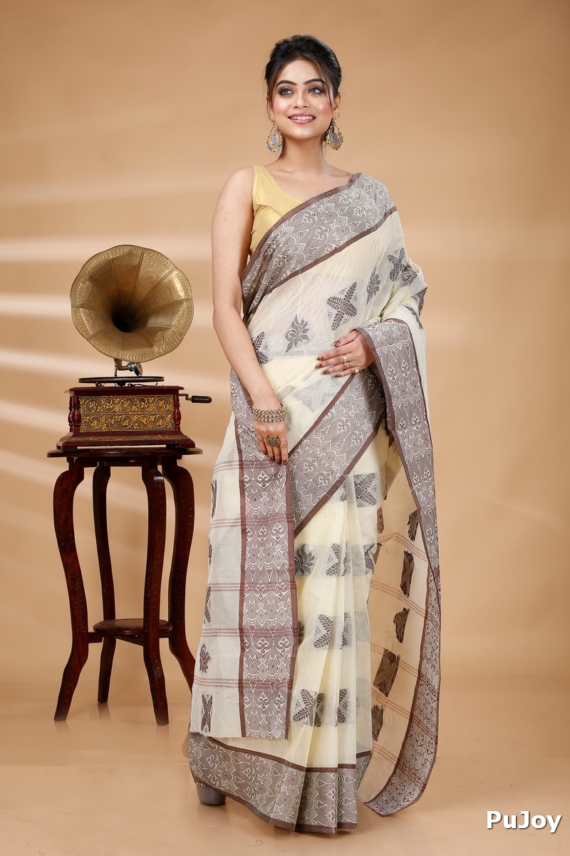 Off-White Pure Cotton Suparna Buti Tant Saree (758)