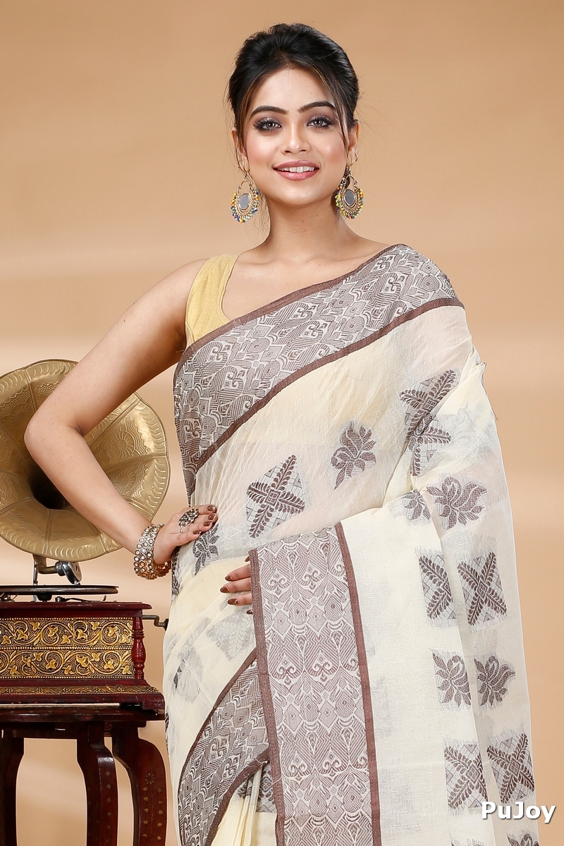 Off-White Pure Cotton Suparna Buti Tant Saree (758)