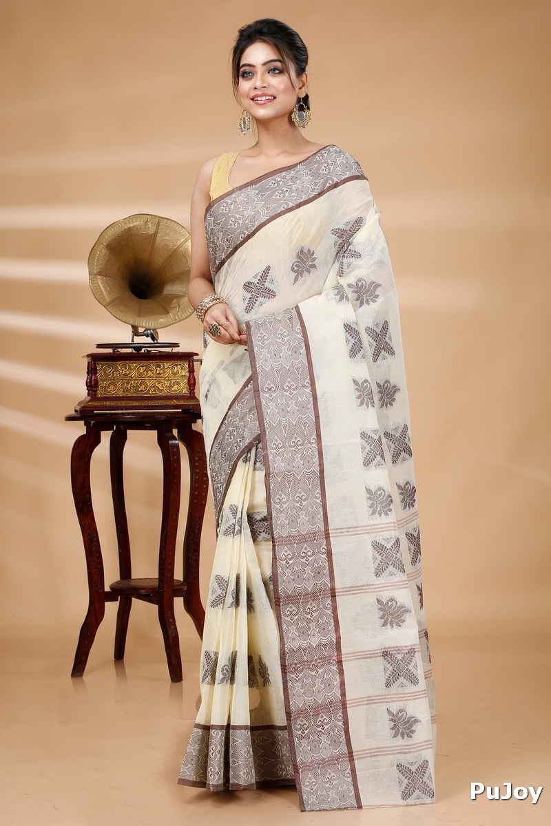 Off-White Pure Cotton Suparna Buti Tant Saree (758)