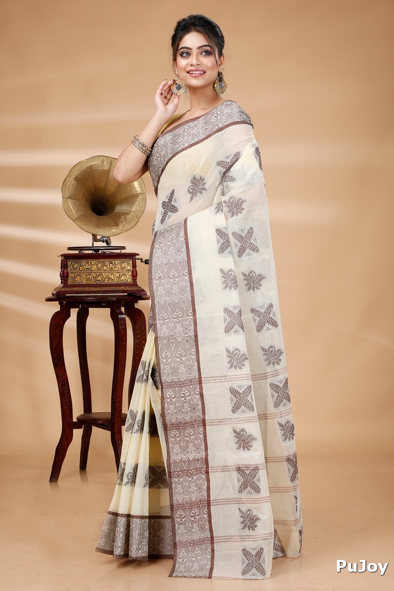 Off-White Pure Cotton Suparna Buti Tant Saree (758)