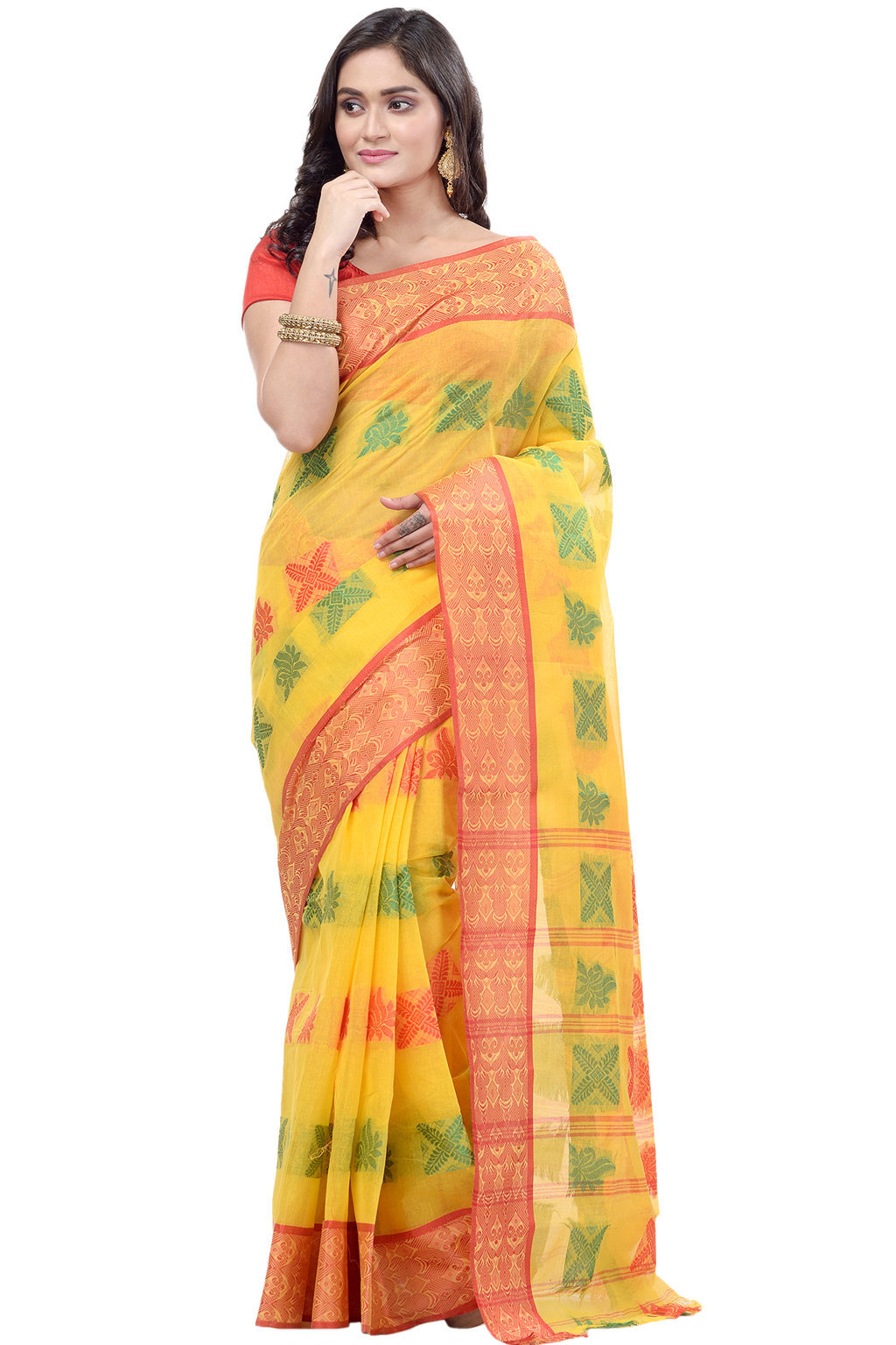 Yellow Pure Cotton Suparna Buti Tant Saree (759)