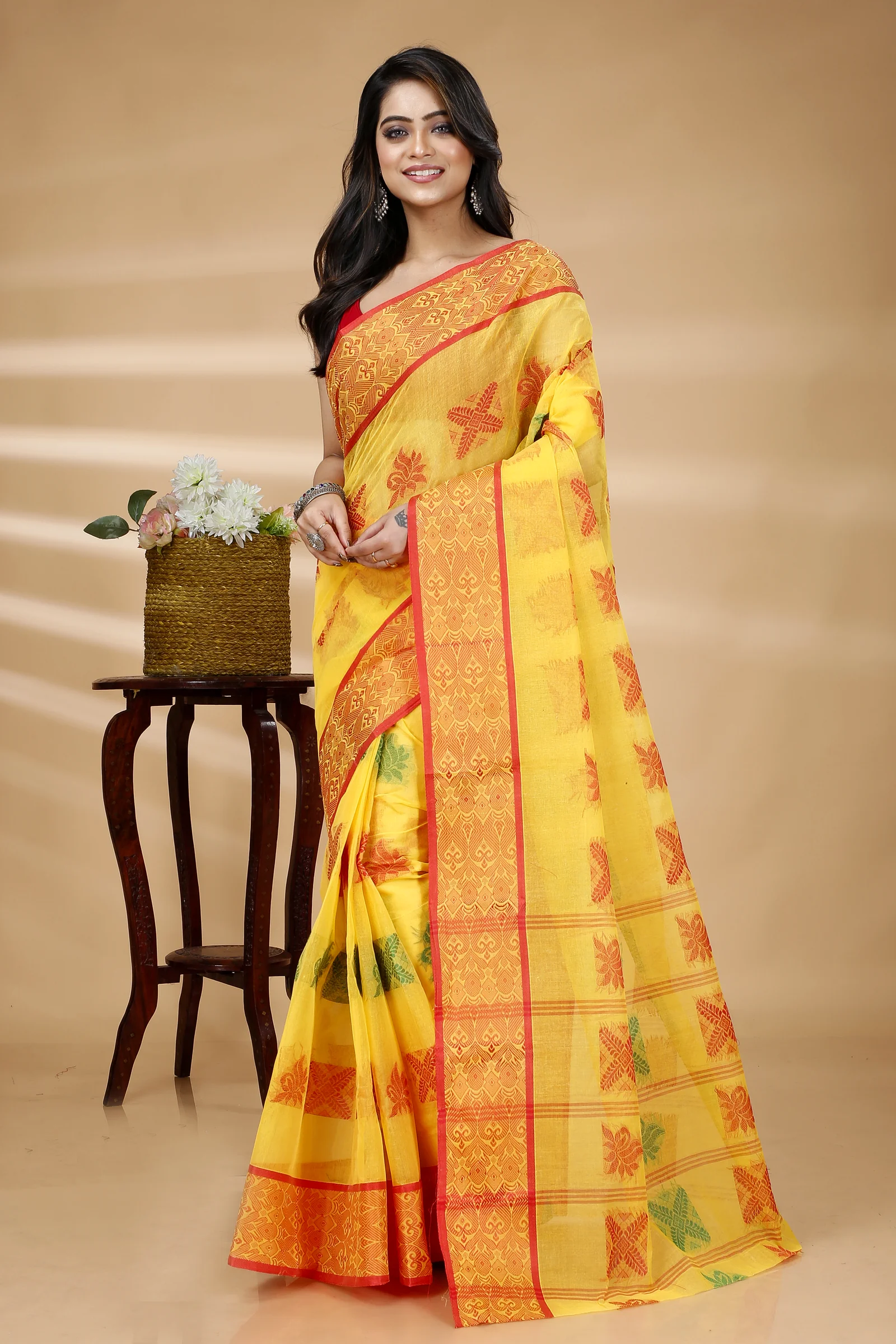 Yellow Pure Cotton Suparna Buti Tant Saree (759)