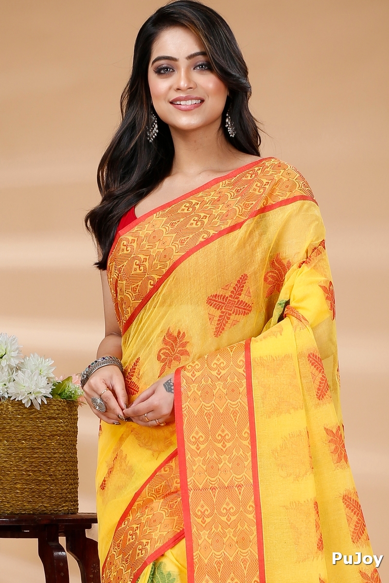 Yellow Pure Cotton Suparna Buti Tant Saree (759)