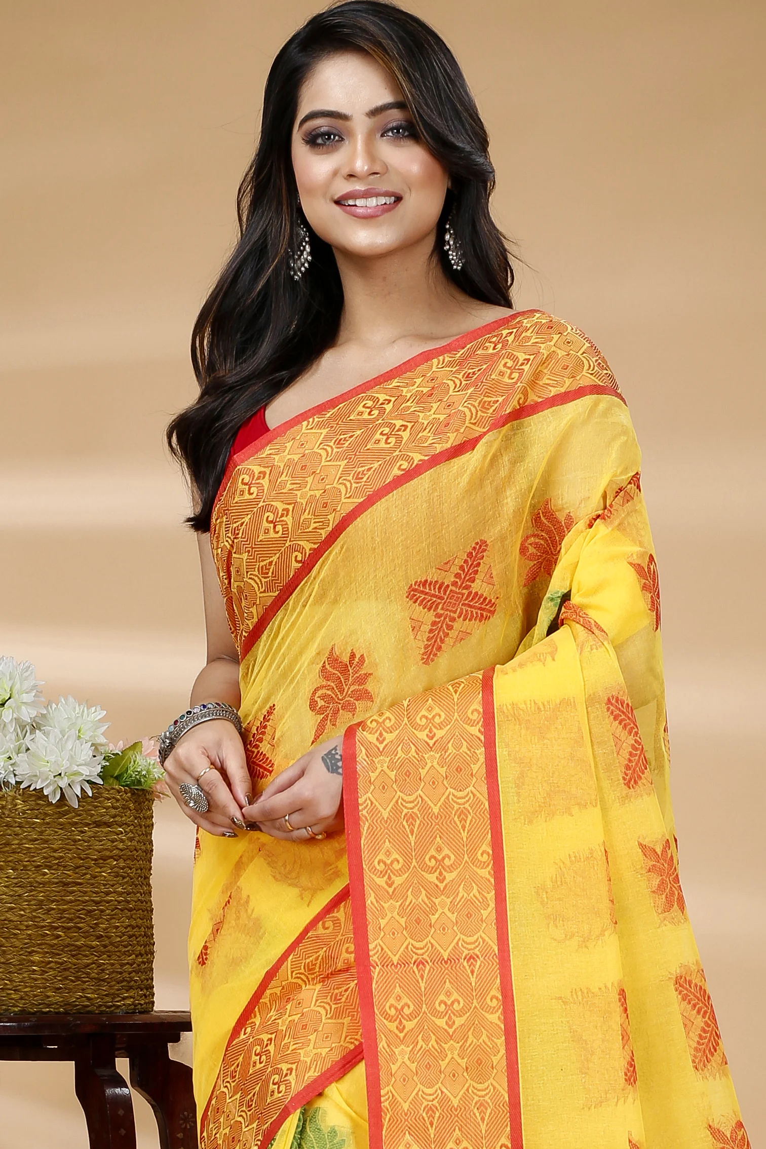 Yellow Pure Cotton Suparna Buti Tant Saree (759)