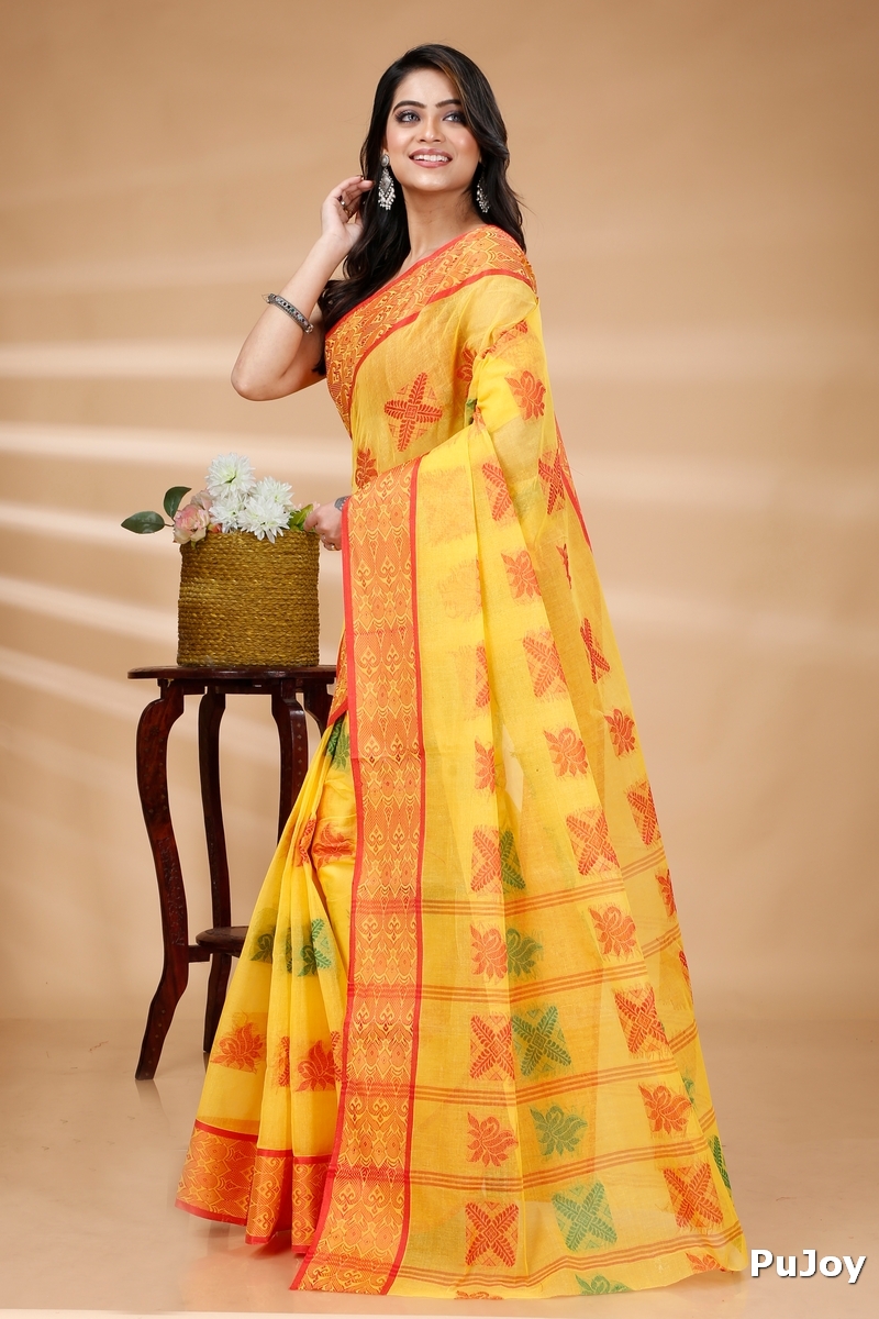 Yellow Pure Cotton Suparna Buti Tant Saree (759)