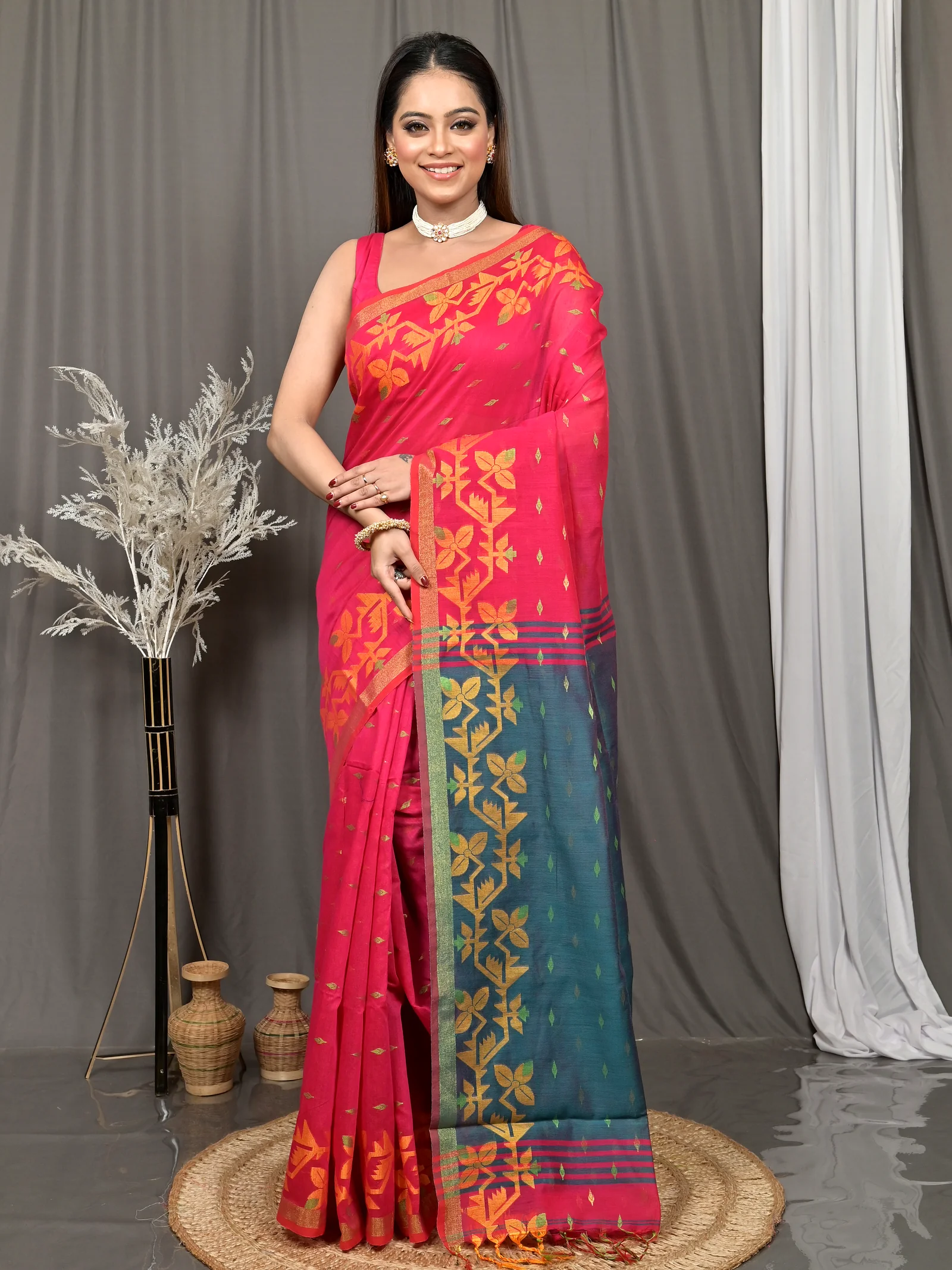 Red Green Cotton Parvon Kanjivaram Silk Saree  (76)