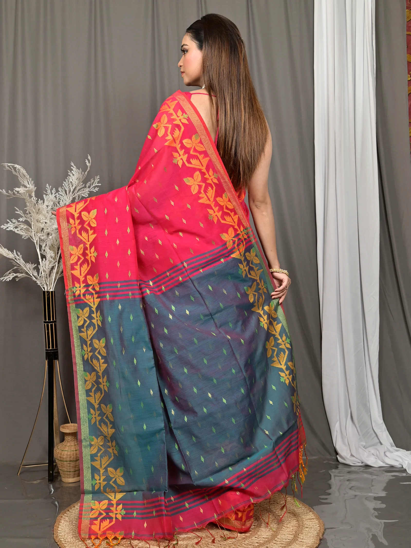 Red Green Cotton Parvon Kanjivaram Silk Saree  (76)