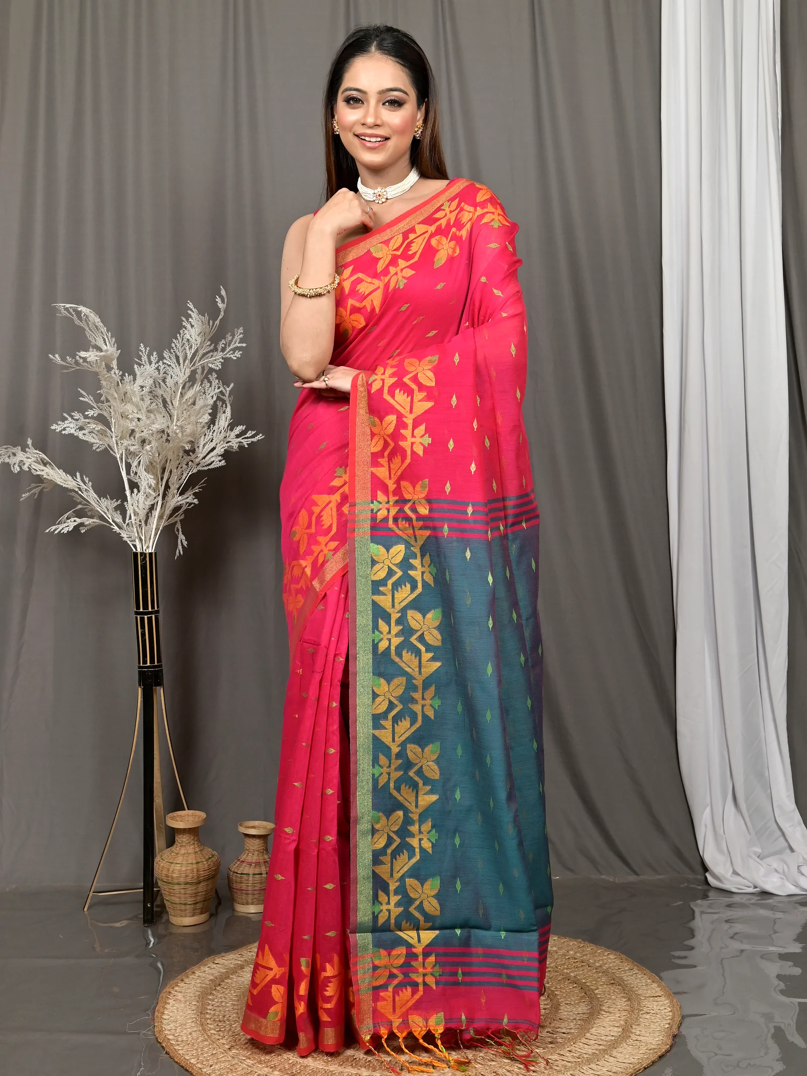 Red Green Cotton Parvon Kanjivaram Silk Saree  (76)