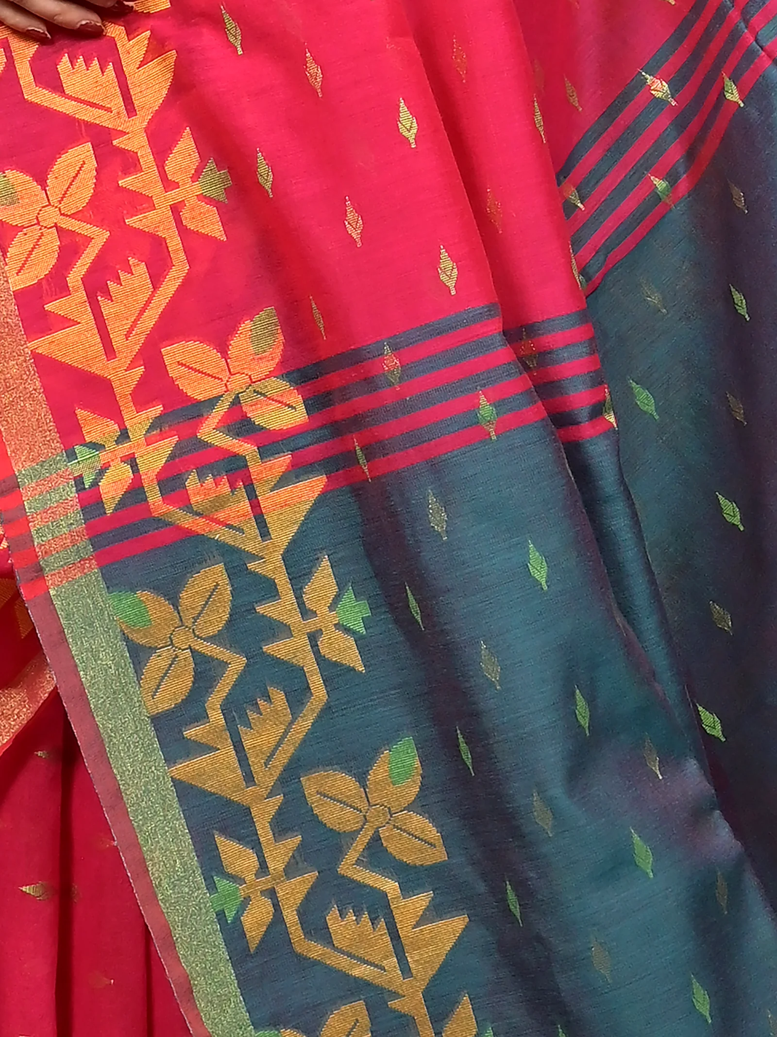 Red Green Cotton Parvon Kanjivaram Silk Saree  (76)