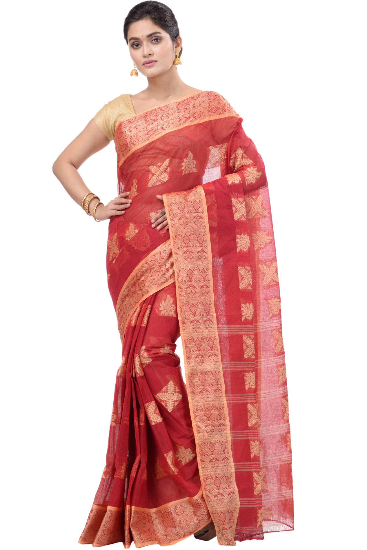 Red Pure Cotton Suparna Buti Tant Saree (760)
