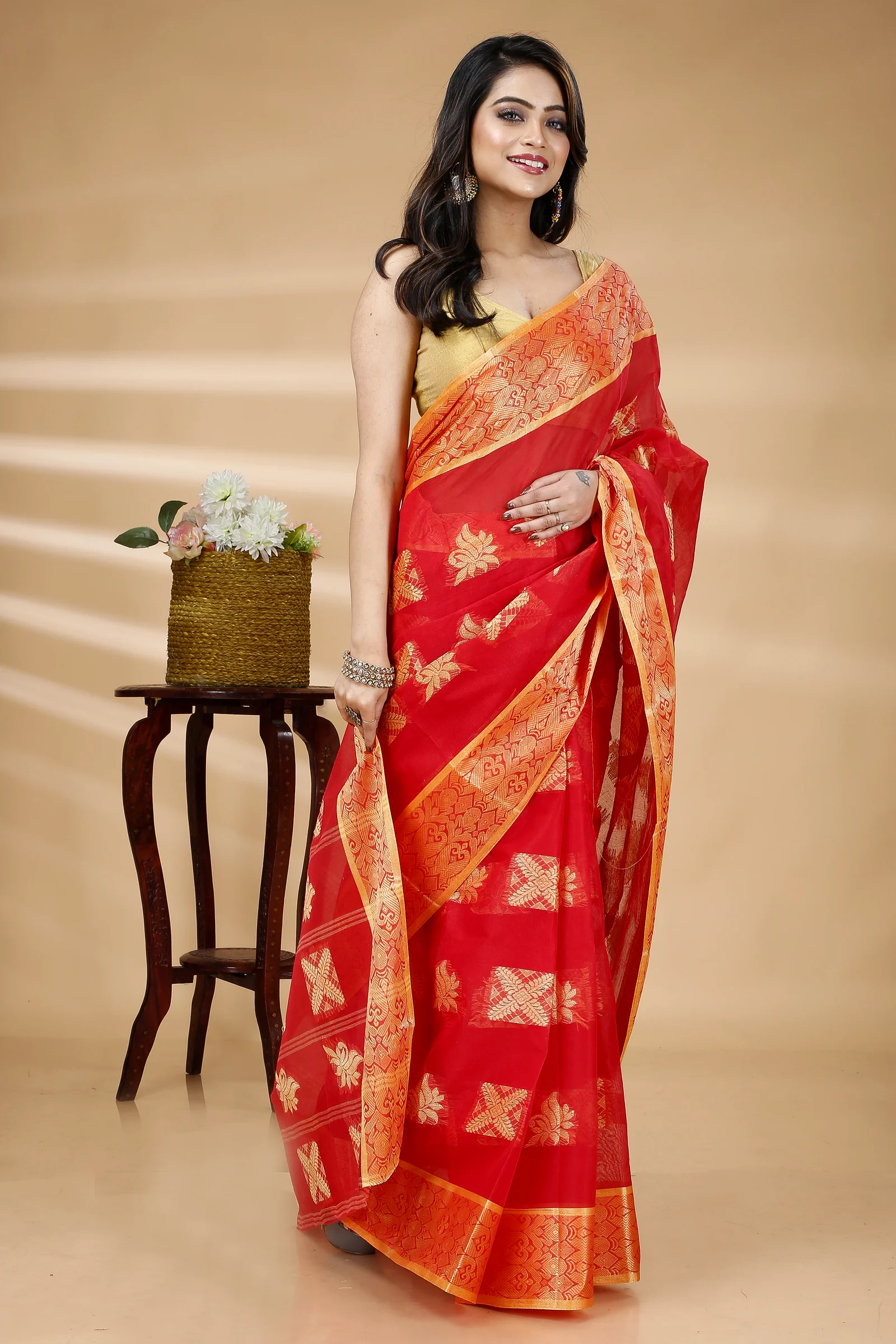 Red Pure Cotton Suparna Buti Tant Saree (760)