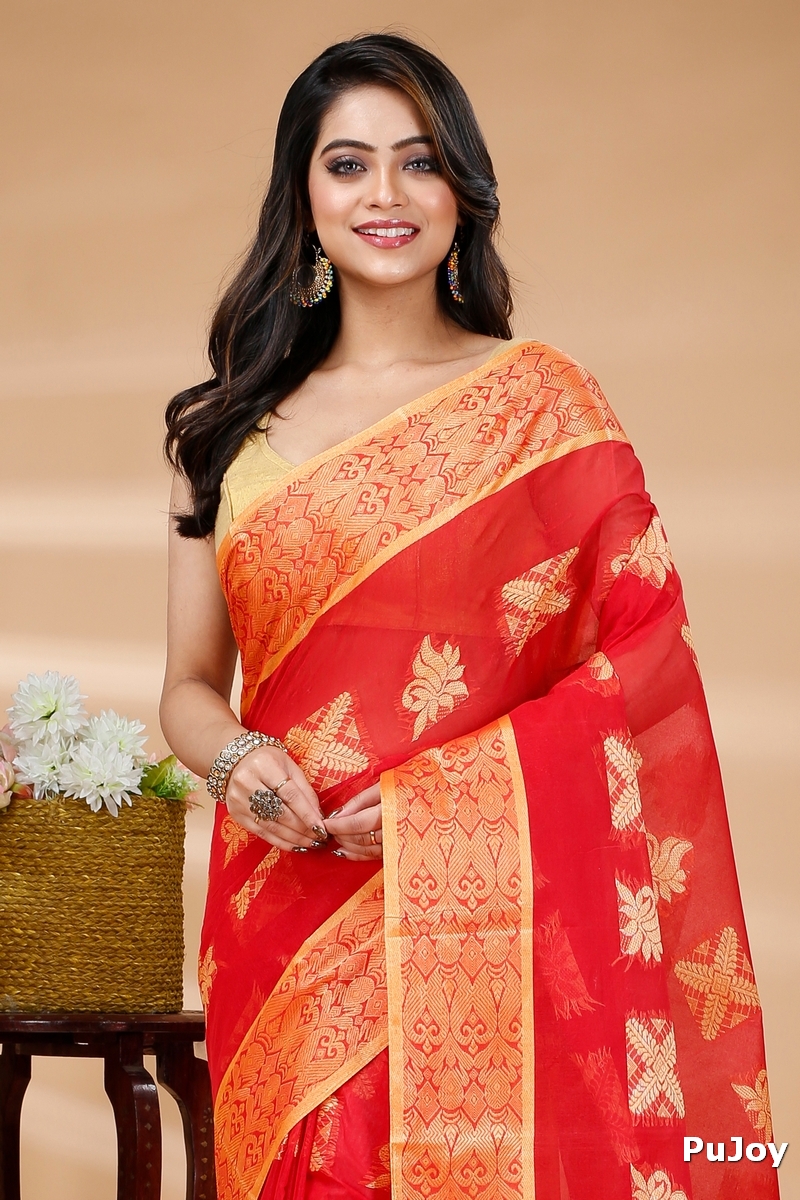 Red Pure Cotton Suparna Buti Tant Saree (760)