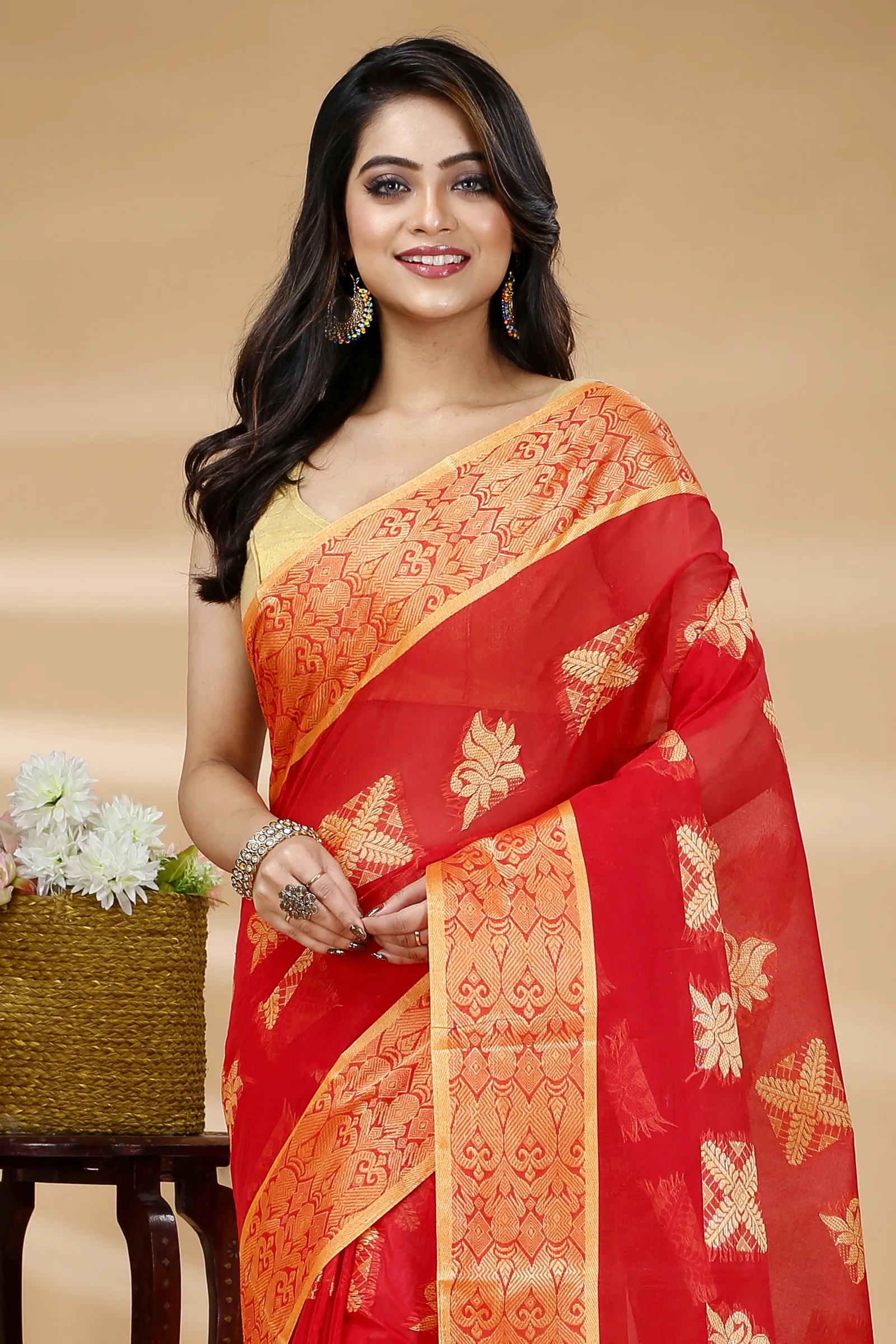 Red Pure Cotton Suparna Buti Tant Saree (760)