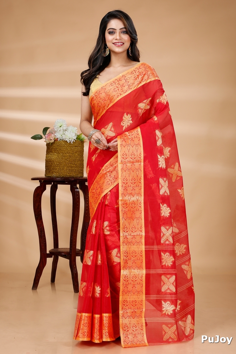 Red Pure Cotton Suparna Buti Tant Saree (760)