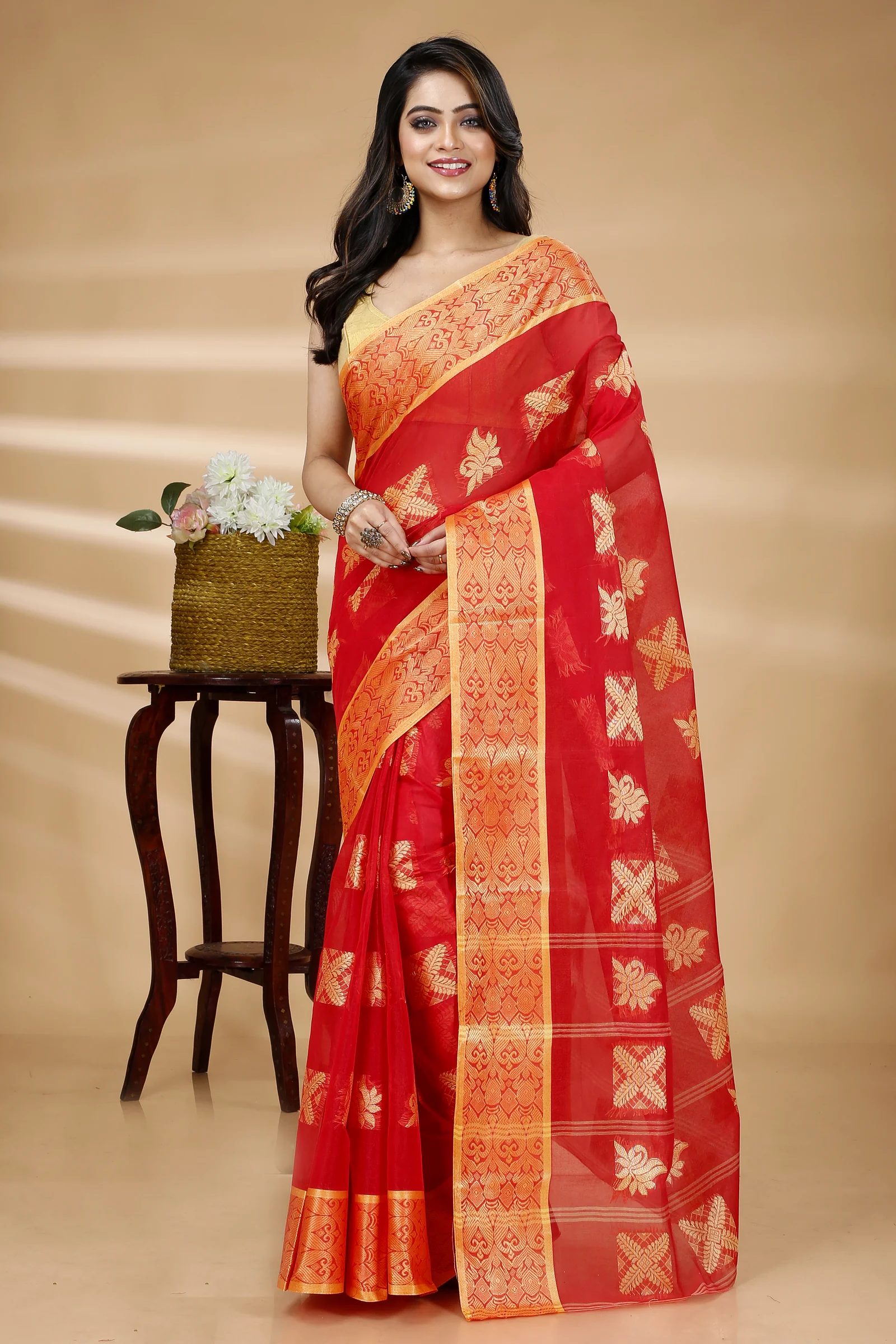 Red Pure Cotton Suparna Buti Tant Saree (760)