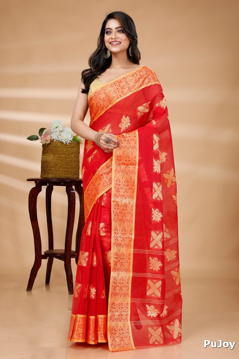 Red Pure Cotton Suparna Buti Tant Saree (760)