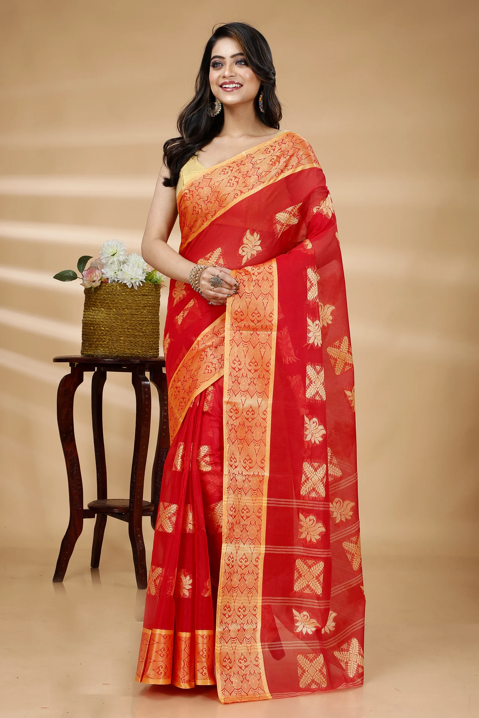 Red Pure Cotton Suparna Buti Tant Saree (760)