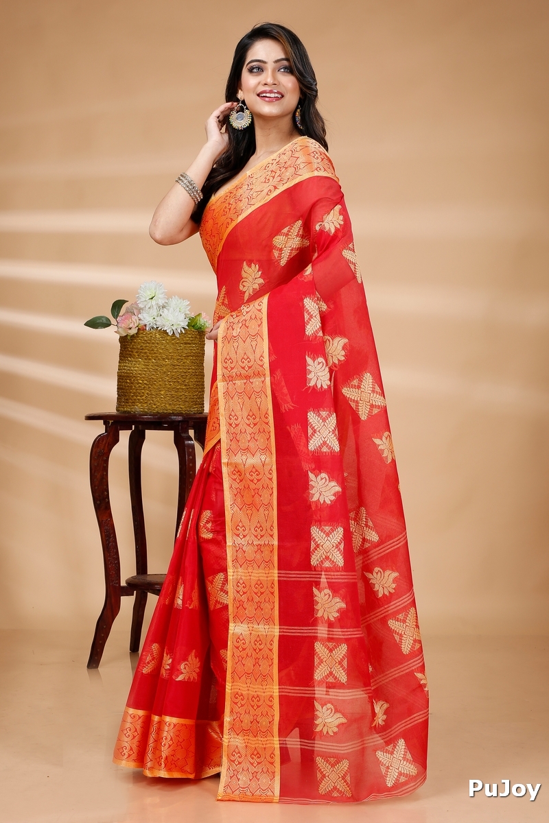 Red Pure Cotton Suparna Buti Tant Saree (760)