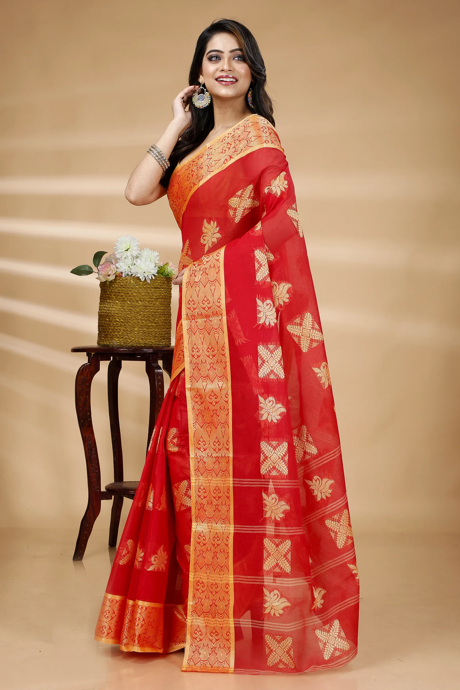 Red Pure Cotton Suparna Buti Tant Saree (760)