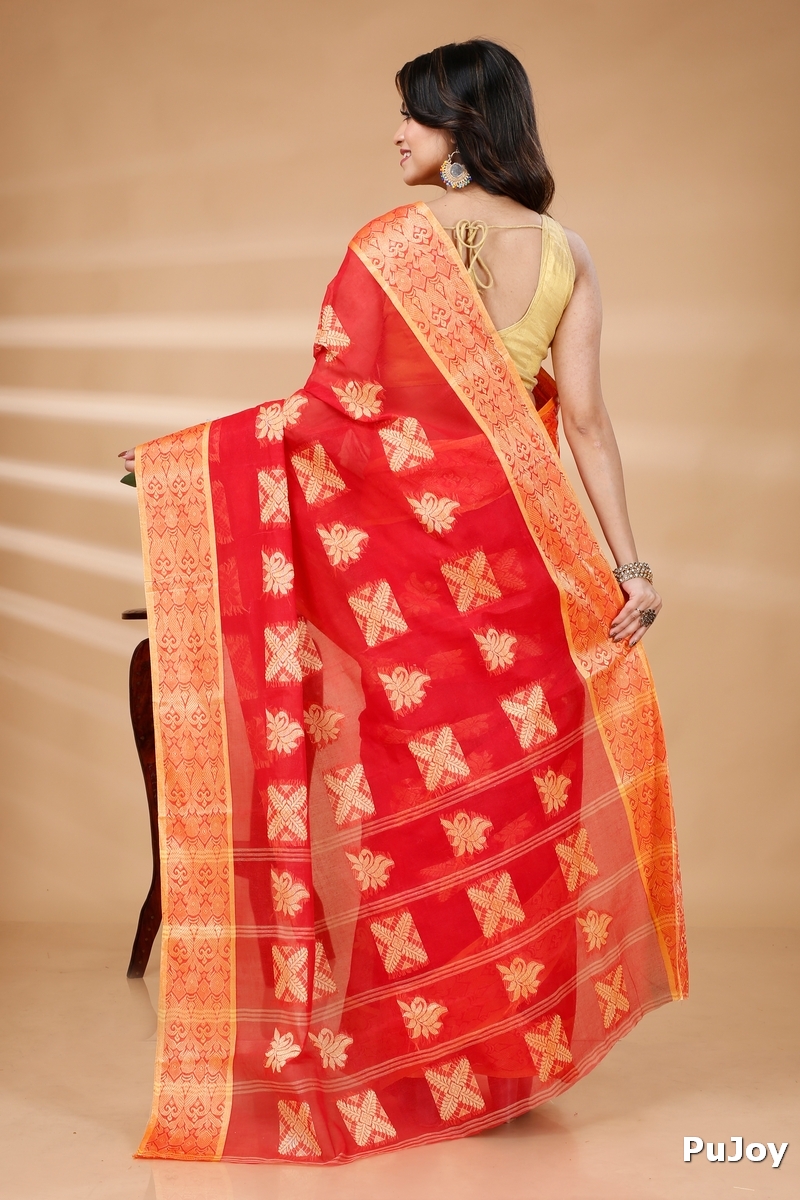 Red Pure Cotton Suparna Buti Tant Saree (760)
