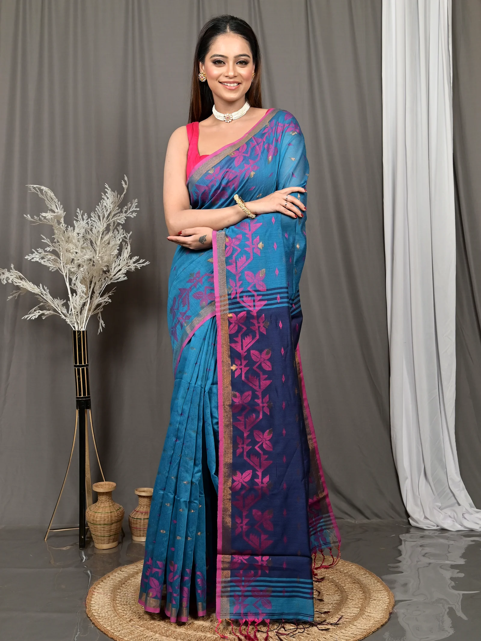 Cobalt Blue Cotton Parvon Kanjivaram Silk Saree  (77)