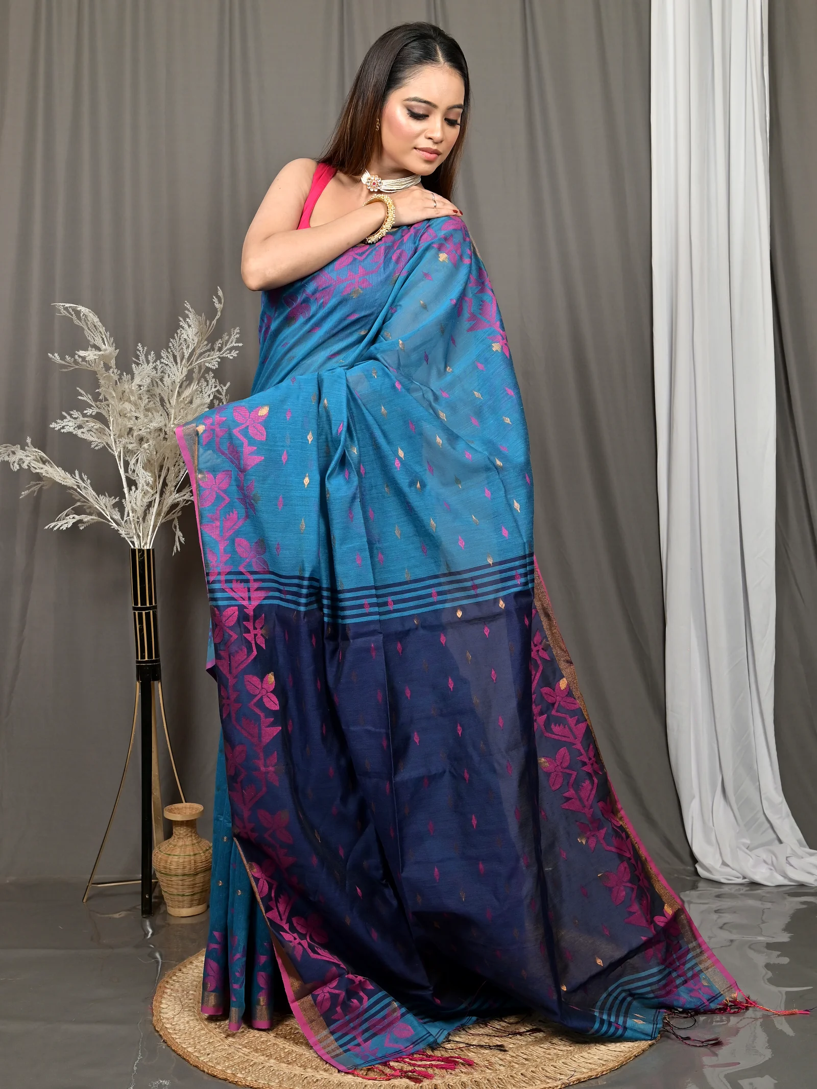 Cobalt Blue Cotton Parvon Kanjivaram Silk Saree  (77)