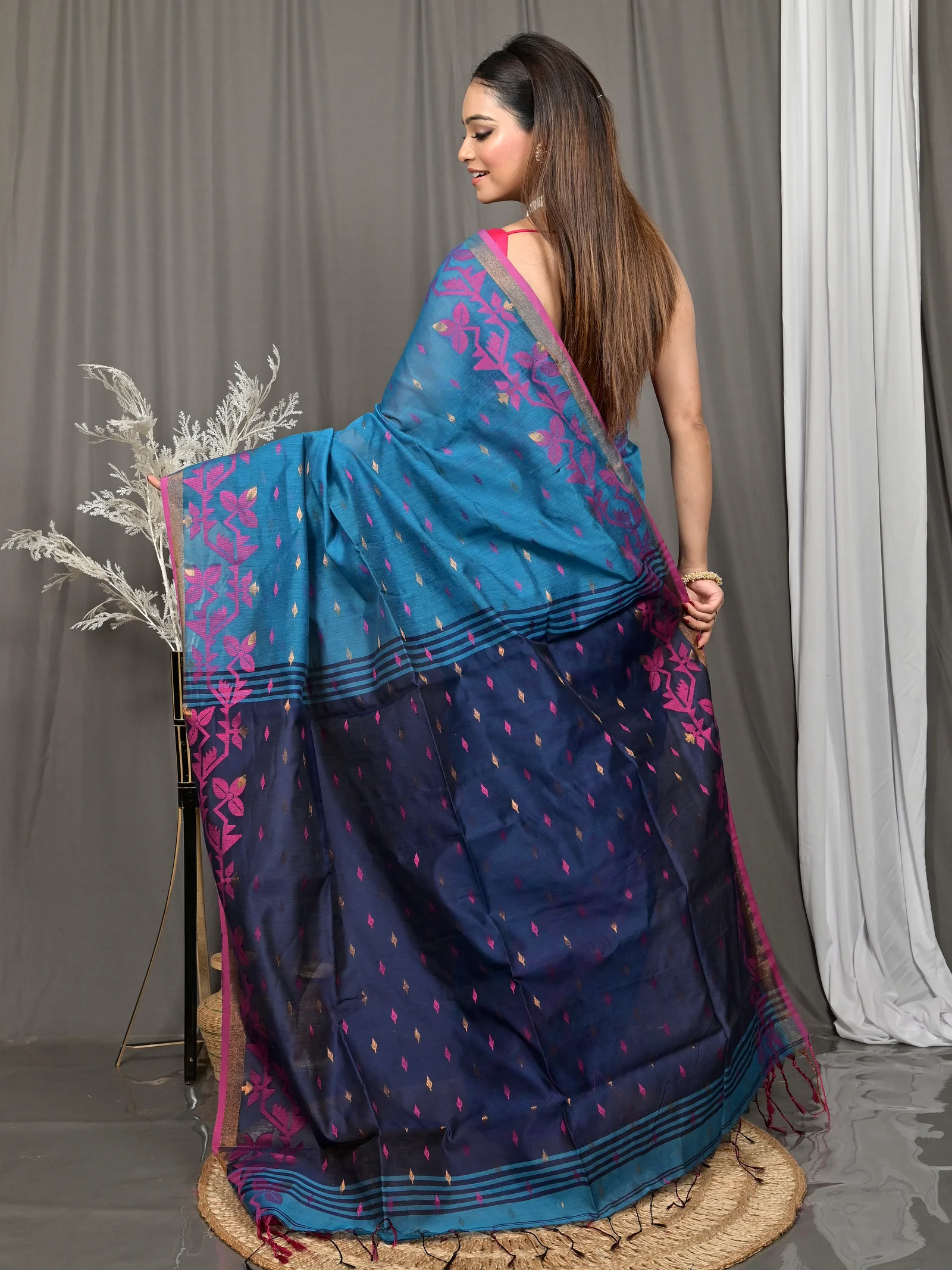 Cobalt Blue Cotton Parvon Kanjivaram Silk Saree  (77)