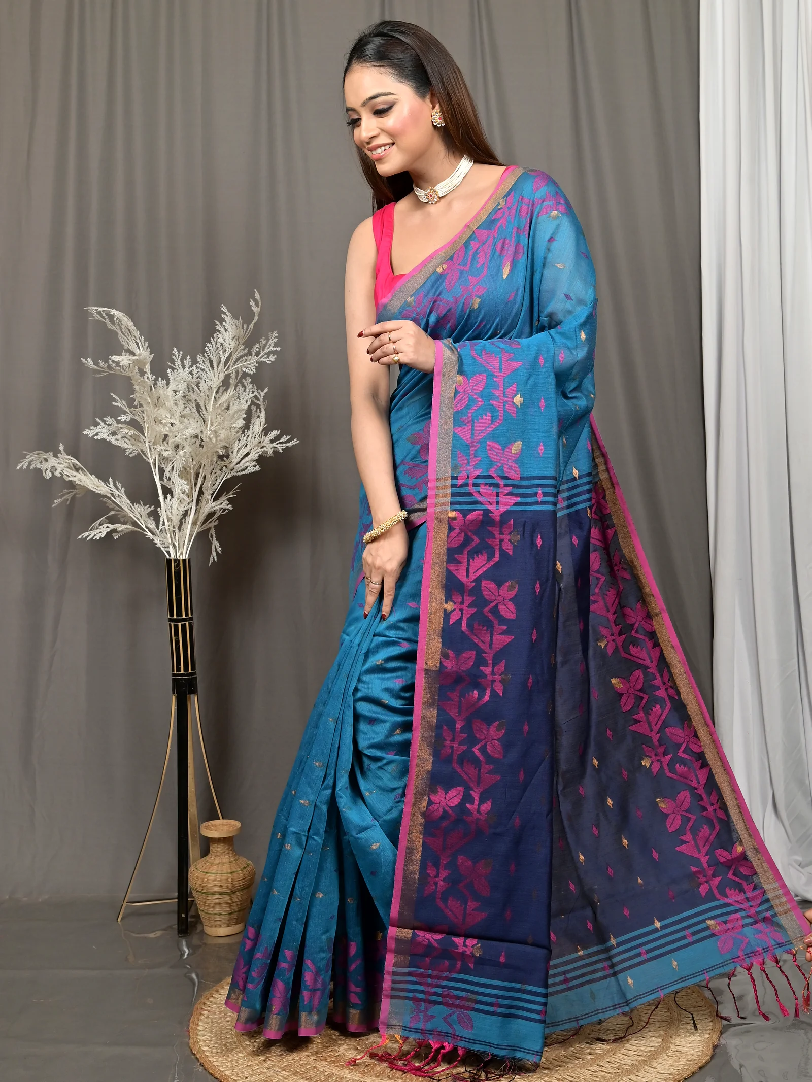 Cobalt Blue Cotton Parvon Kanjivaram Silk Saree  (77)