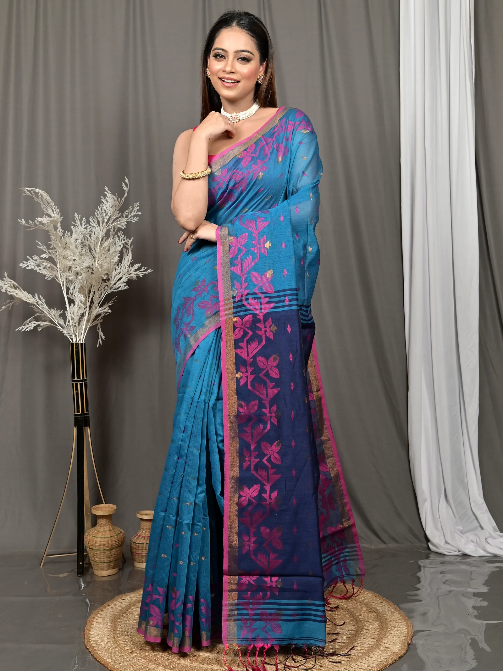 Cobalt Blue Cotton Parvon Kanjivaram Silk Saree  (77)