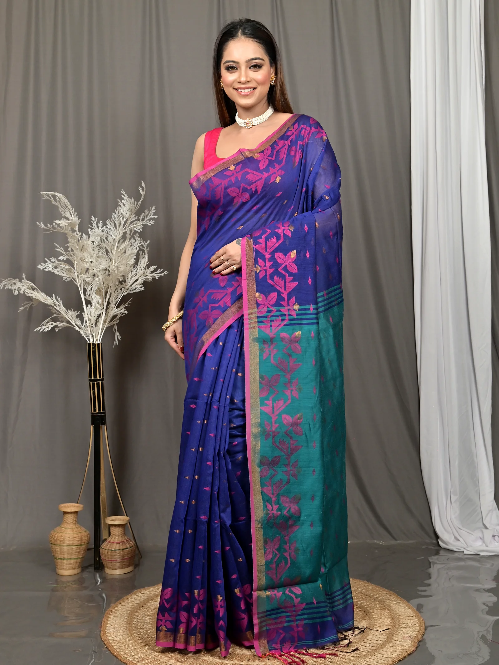 Blue Green Cotton Parvon Kanjivaram Silk Saree  (78)