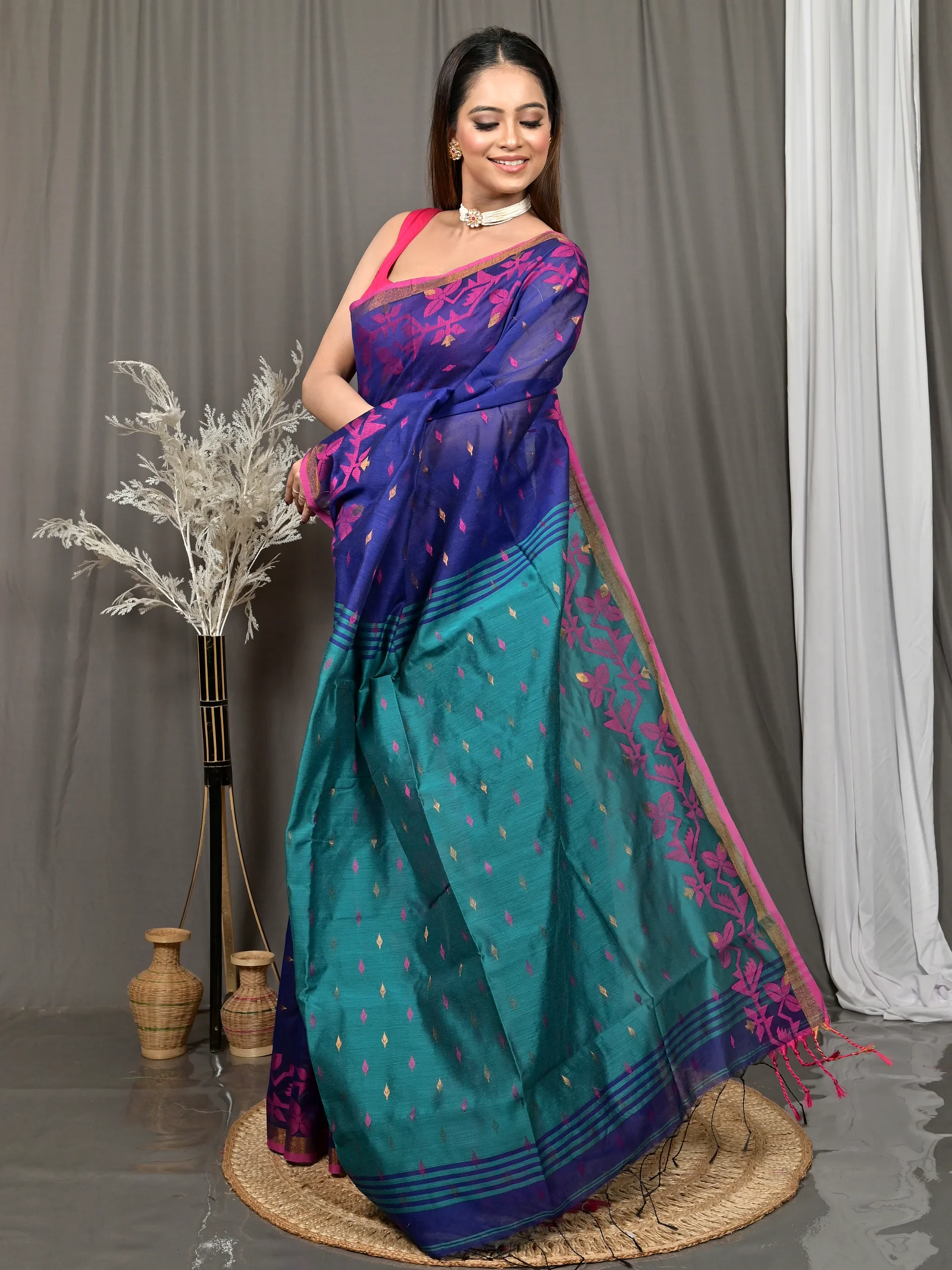 Blue Green Cotton Parvon Kanjivaram Silk Saree  (78)