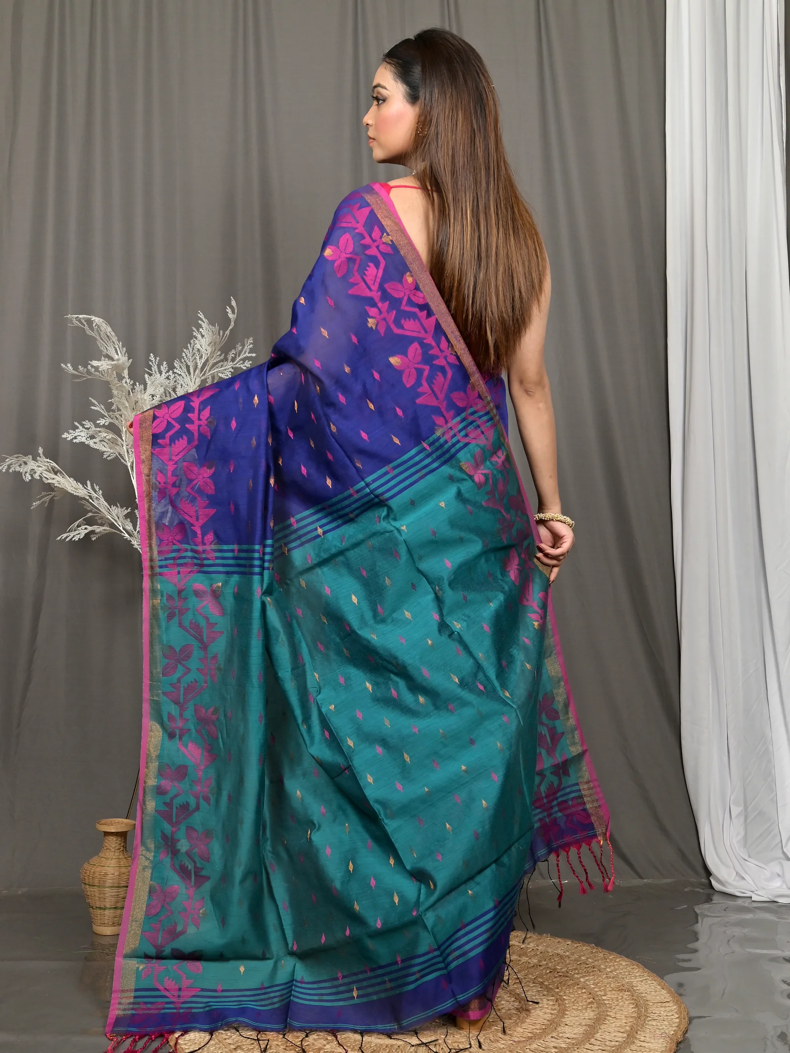 Blue Green Cotton Parvon Kanjivaram Silk Saree  (78)