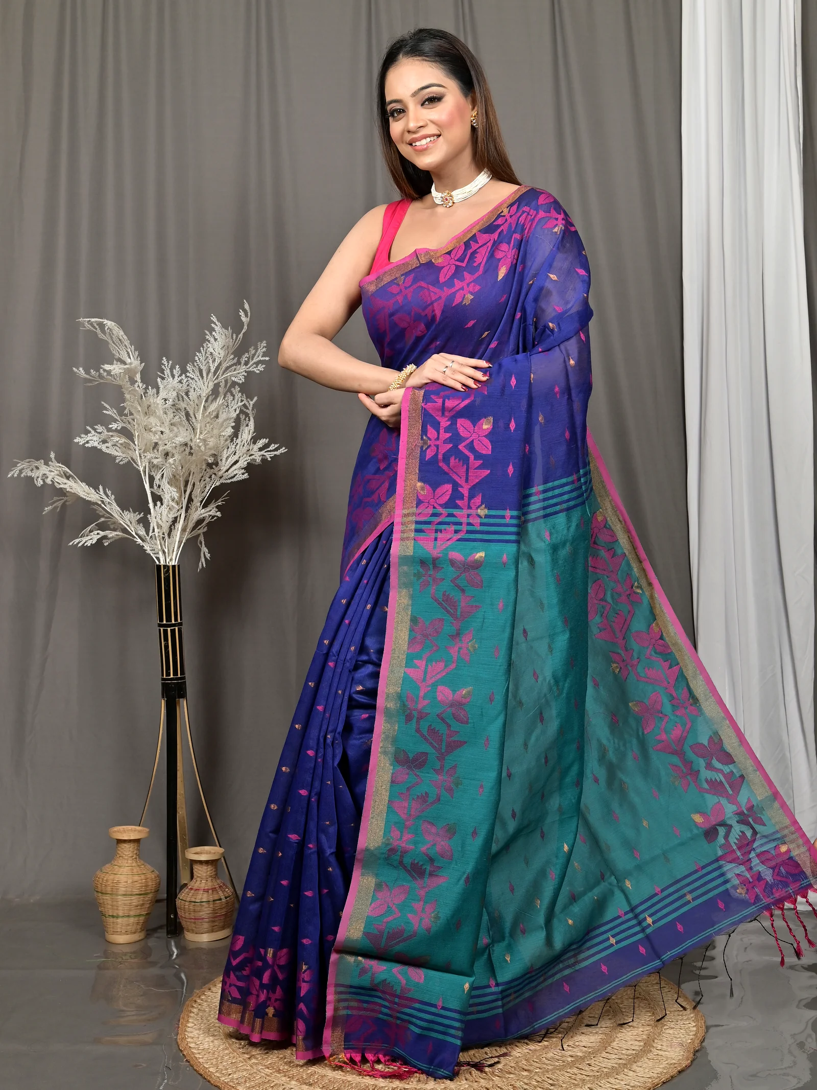 Blue Green Cotton Parvon Kanjivaram Silk Saree  (78)