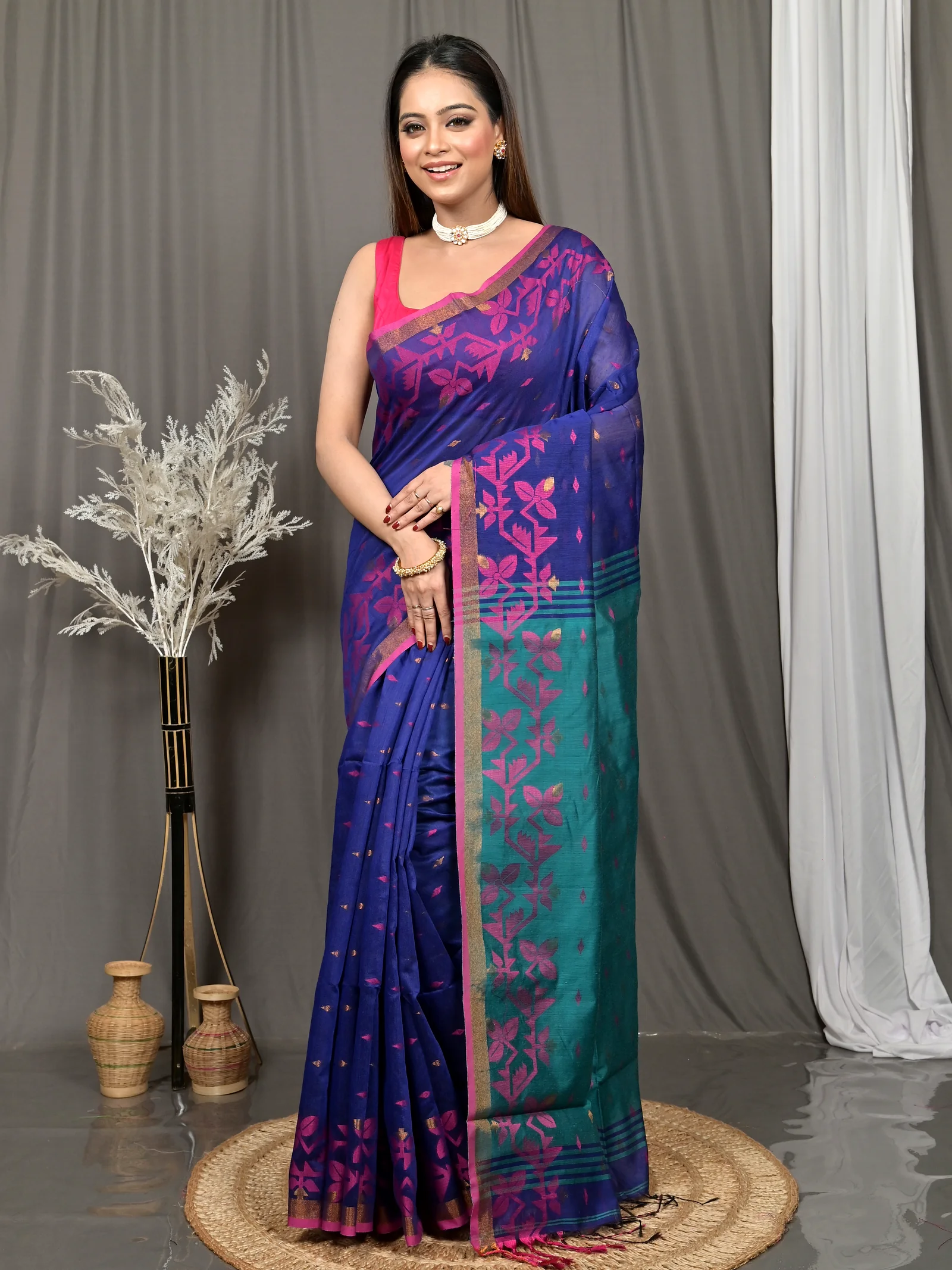Blue Green Cotton Parvon Kanjivaram Silk Saree  (78)