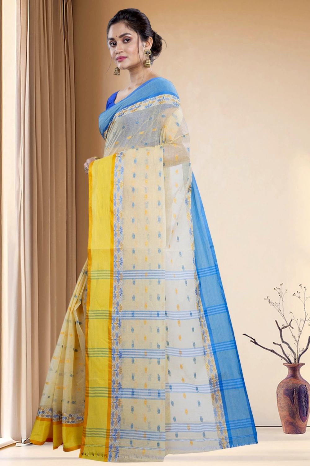 Off-White Pure Cotton JoraPata Tant Saree (780)