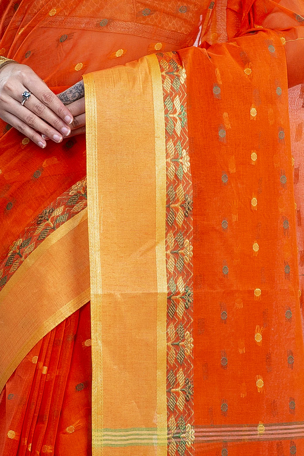Orange Pure Cotton JoraPata Tant Saree (781)