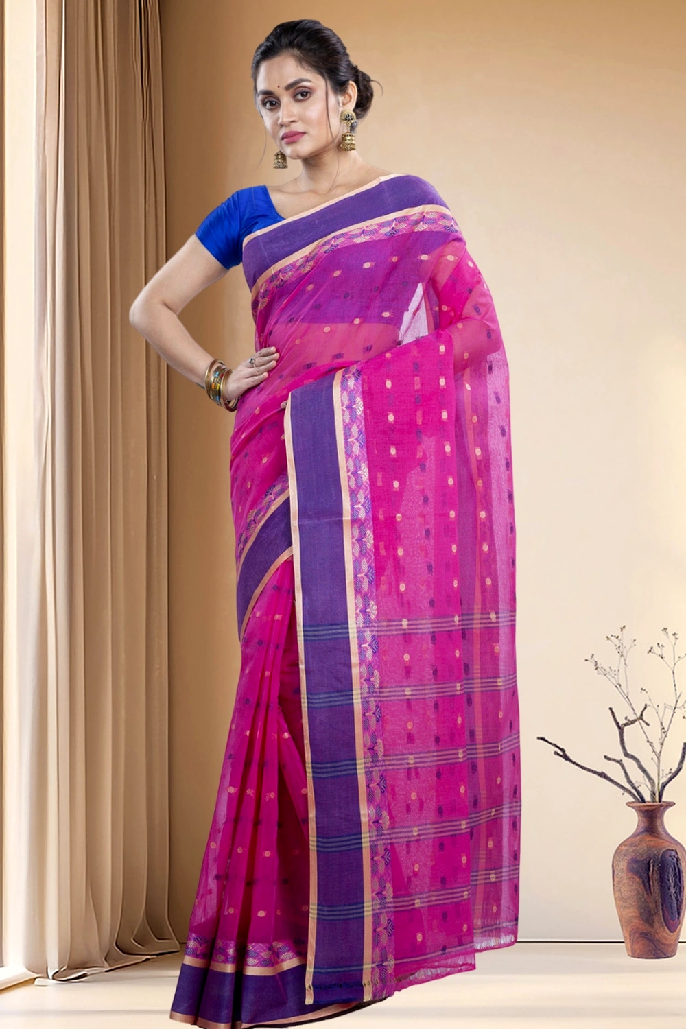 Pink Pure Cotton JoraPata Tant Saree (782)