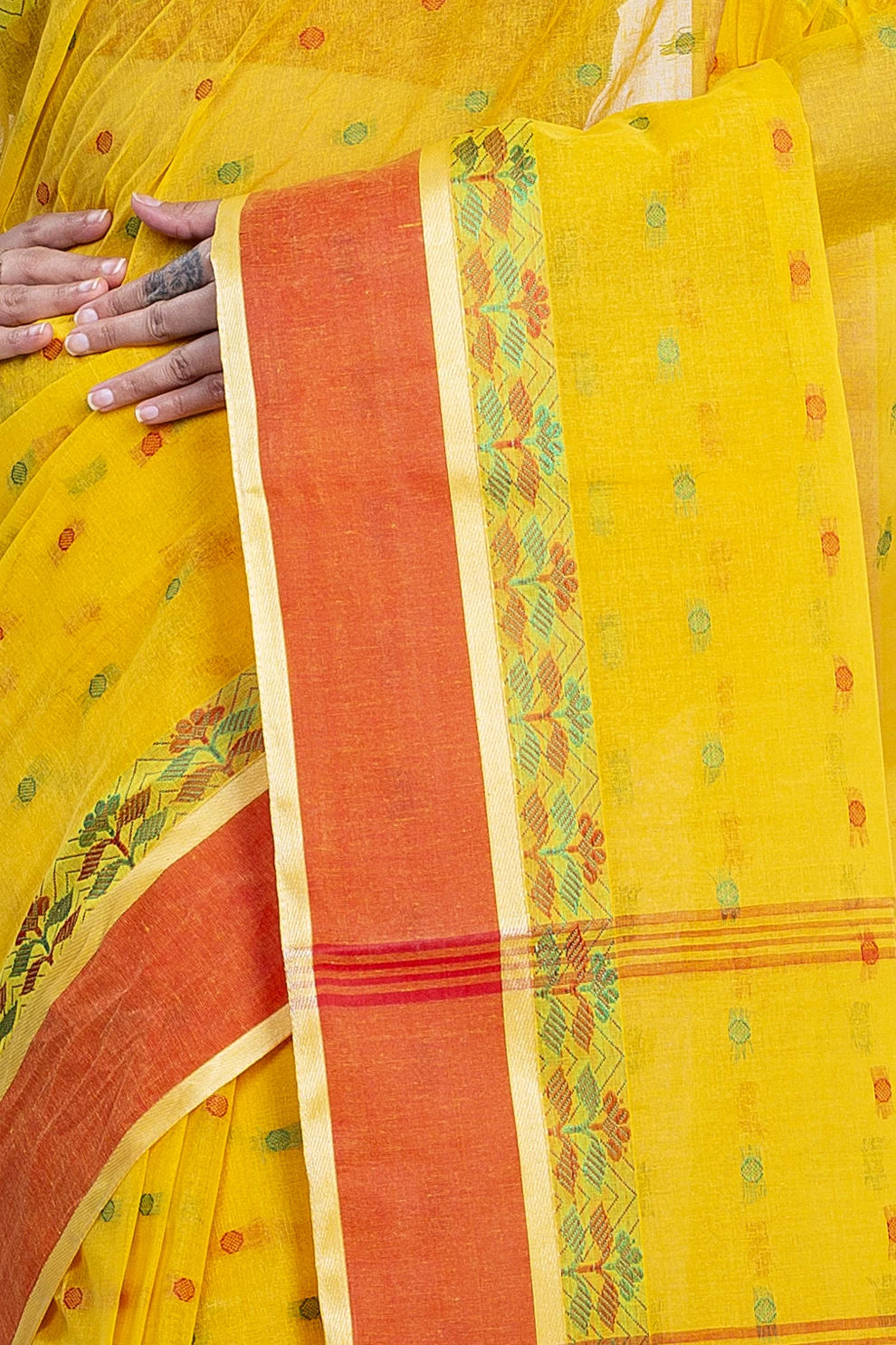 Yellow Pure Cotton JoraPata Tant Saree (784)