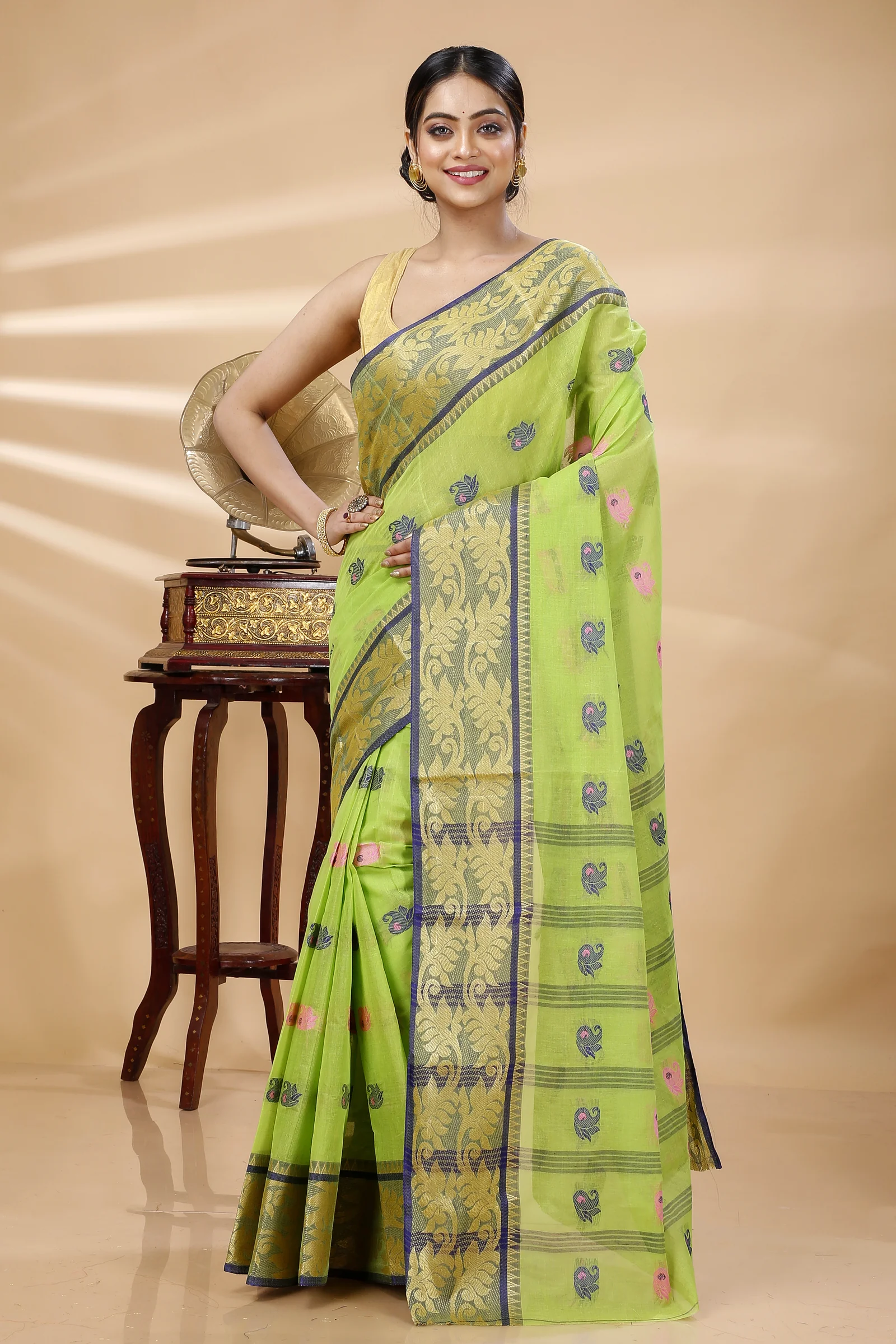 Green Pure Cotton HasFul Tant Saree (785)