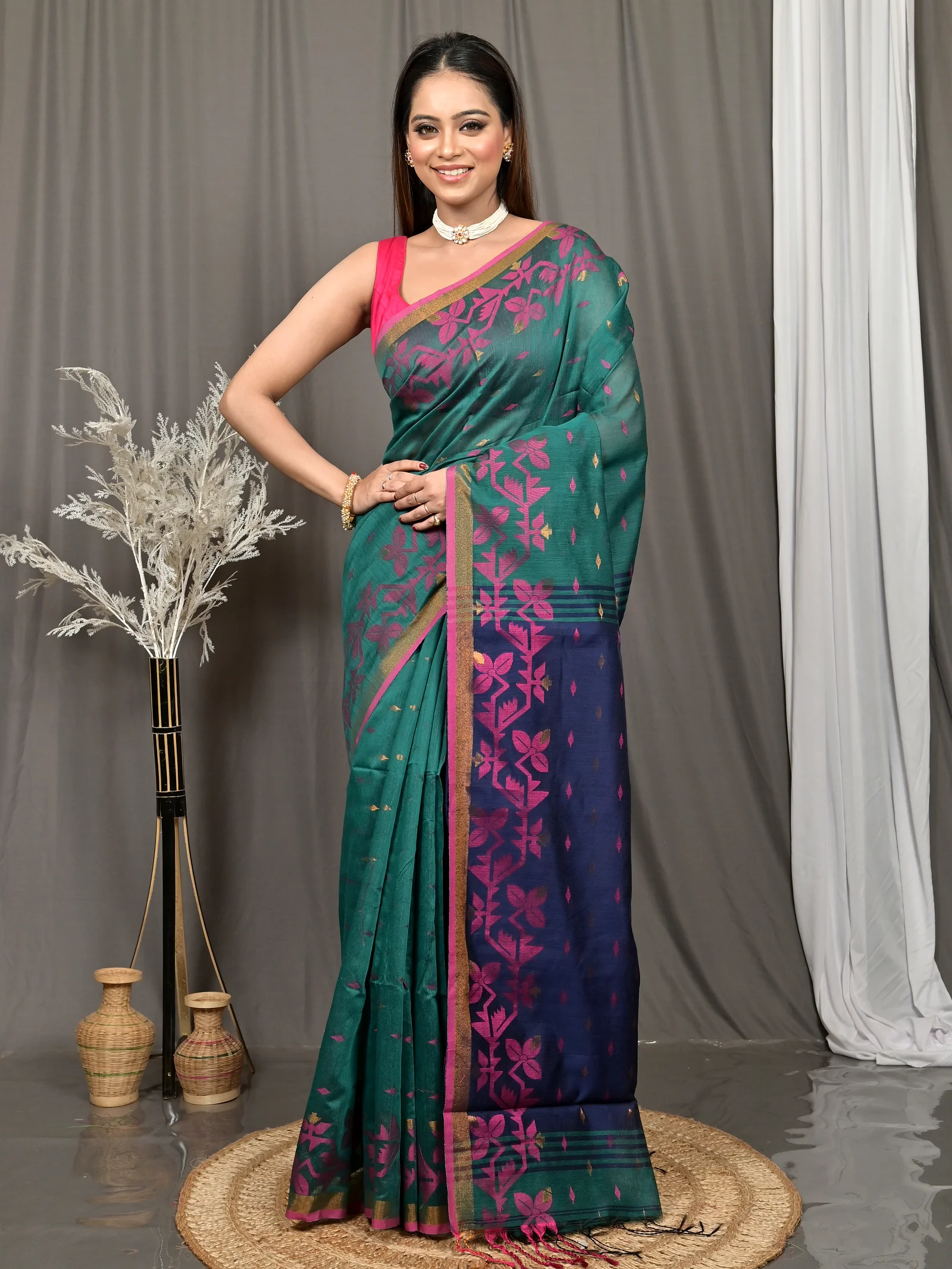 Dark Green Cotton Parvon Kanjivaram Silk Saree  (79)