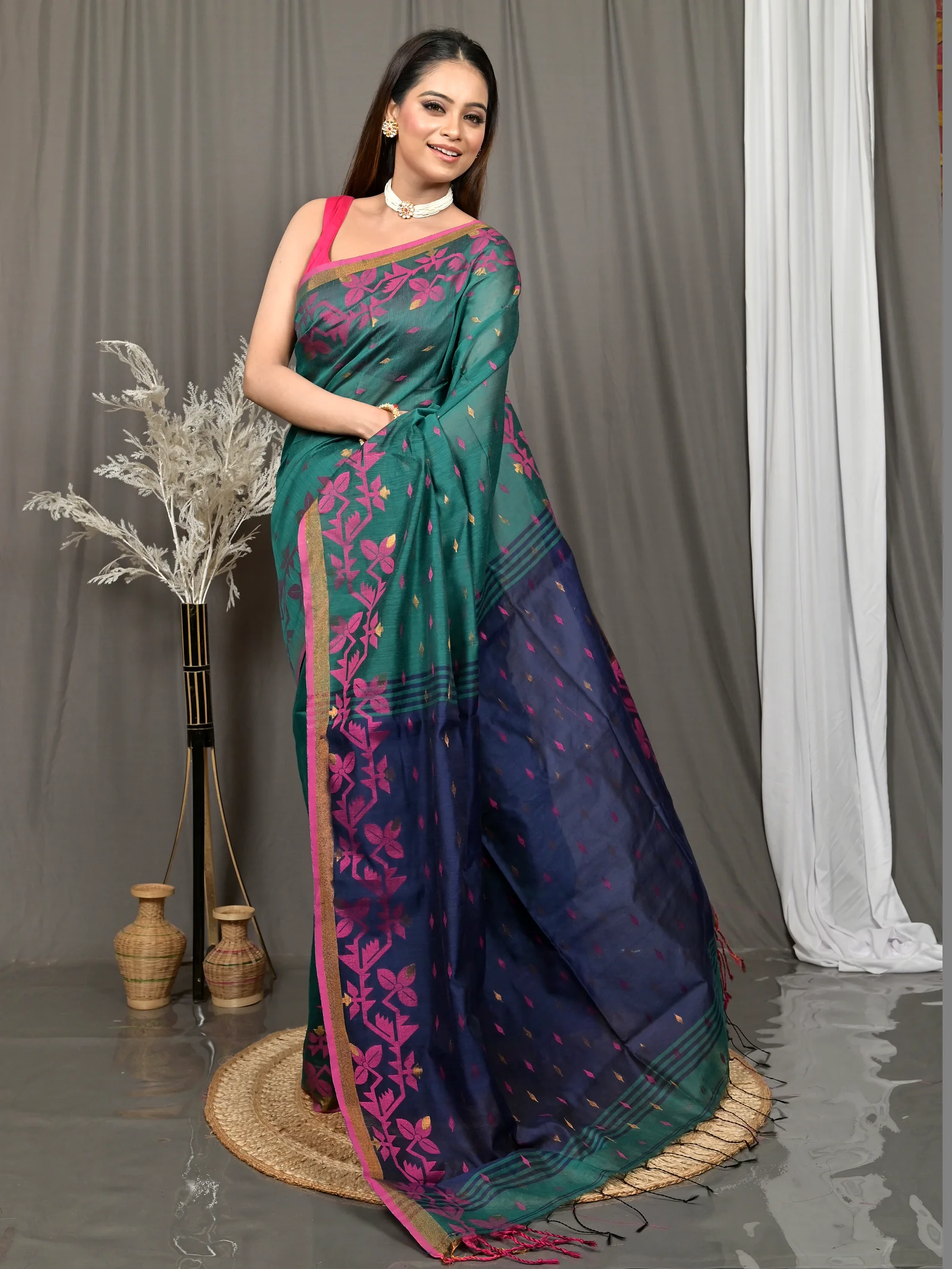 Dark Green Cotton Parvon Kanjivaram Silk Saree  (79)