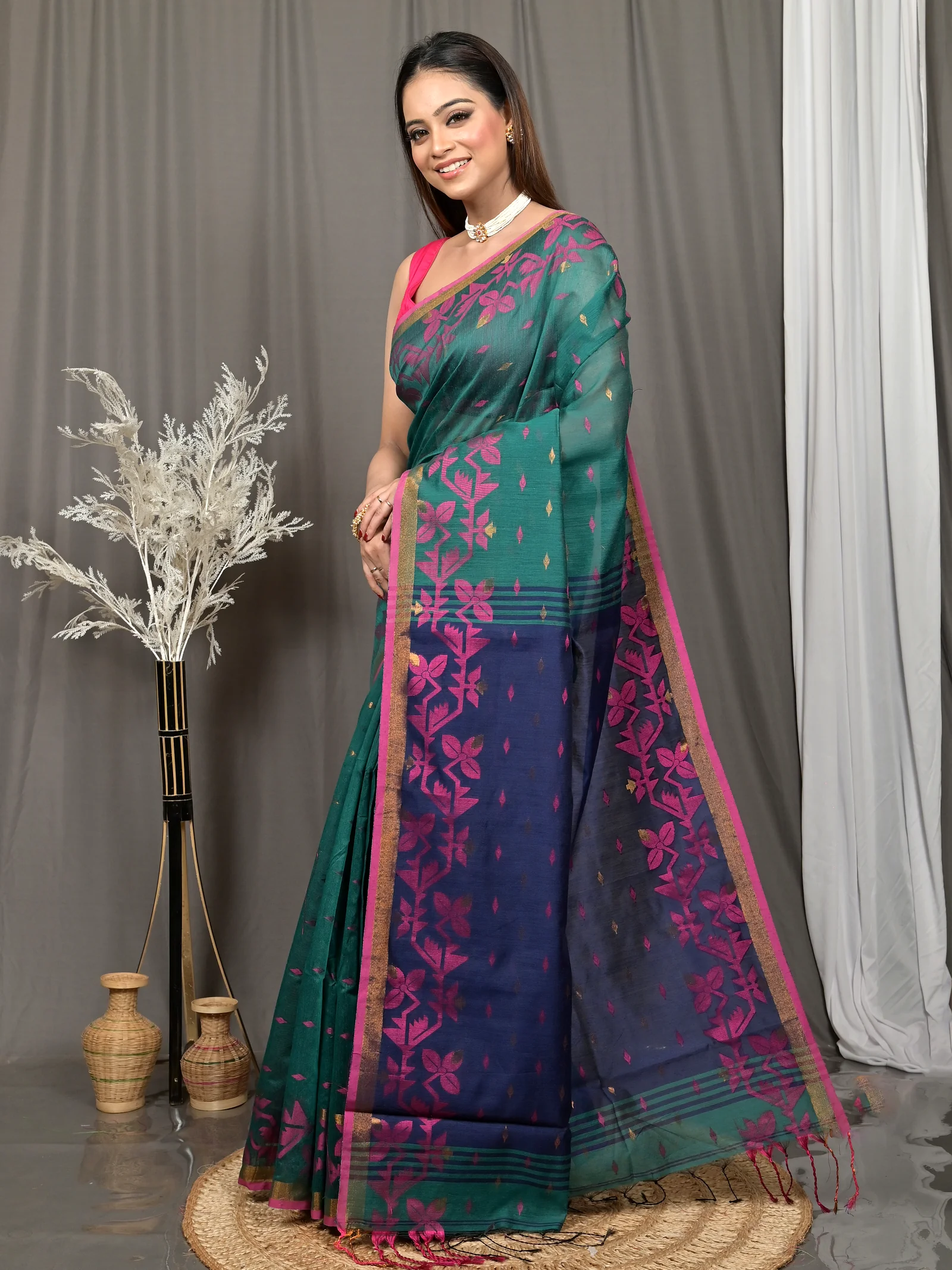 Dark Green Cotton Parvon Kanjivaram Silk Saree  (79)