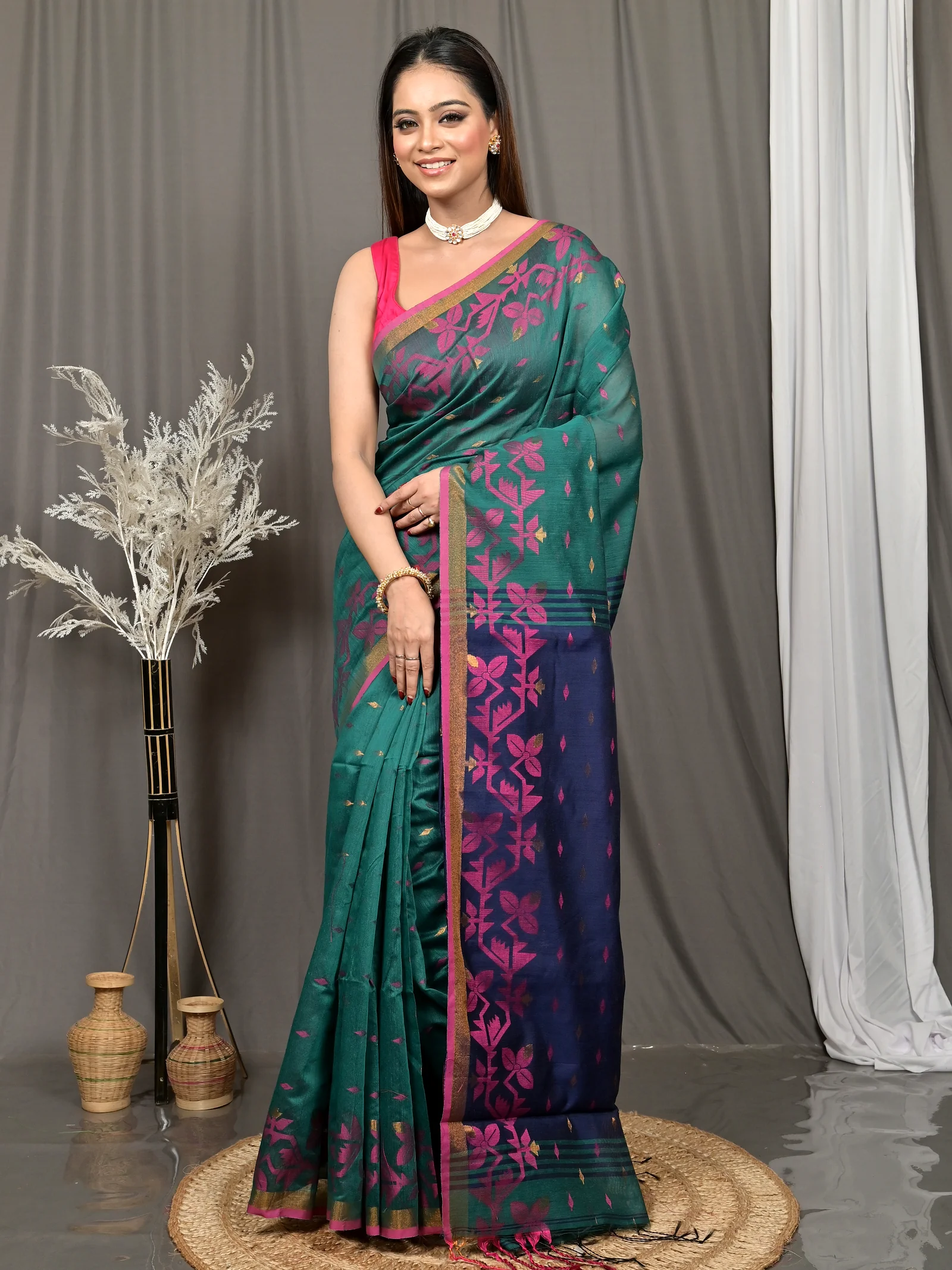 Dark Green Cotton Parvon Kanjivaram Silk Saree  (79)
