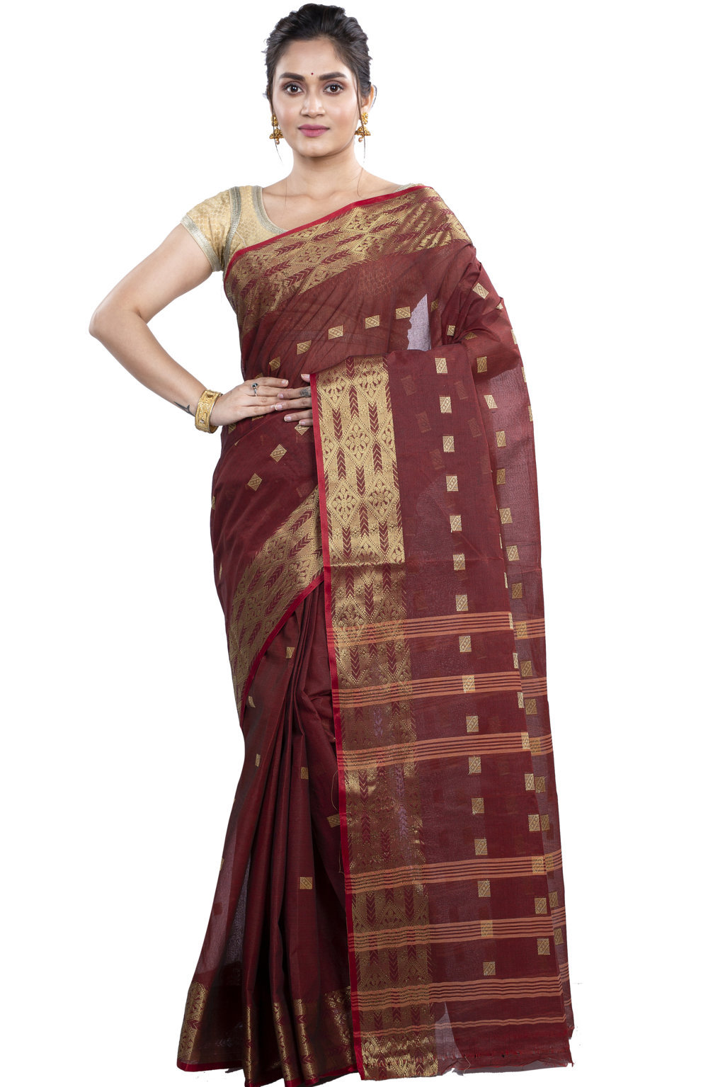 Brown Pure Cotton SqureButi Tant Saree (791)