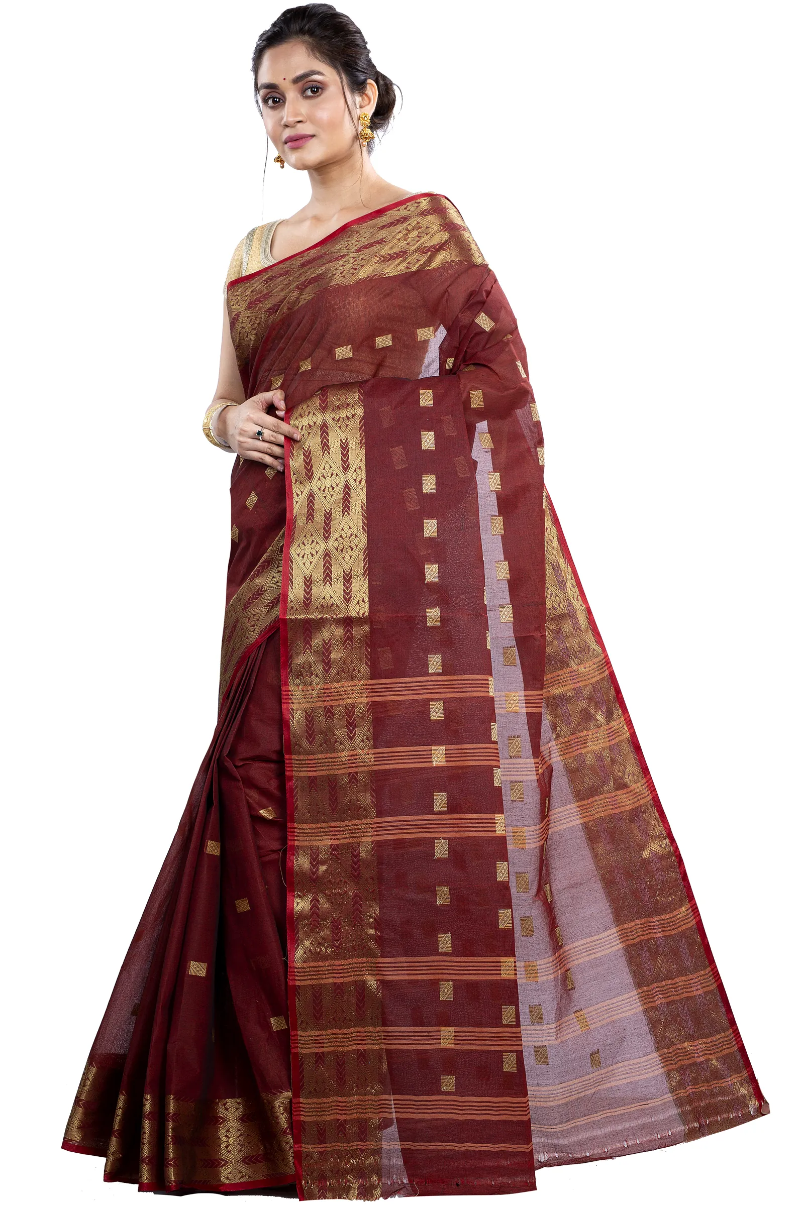 Brown Pure Cotton SqureButi Tant Saree (791)