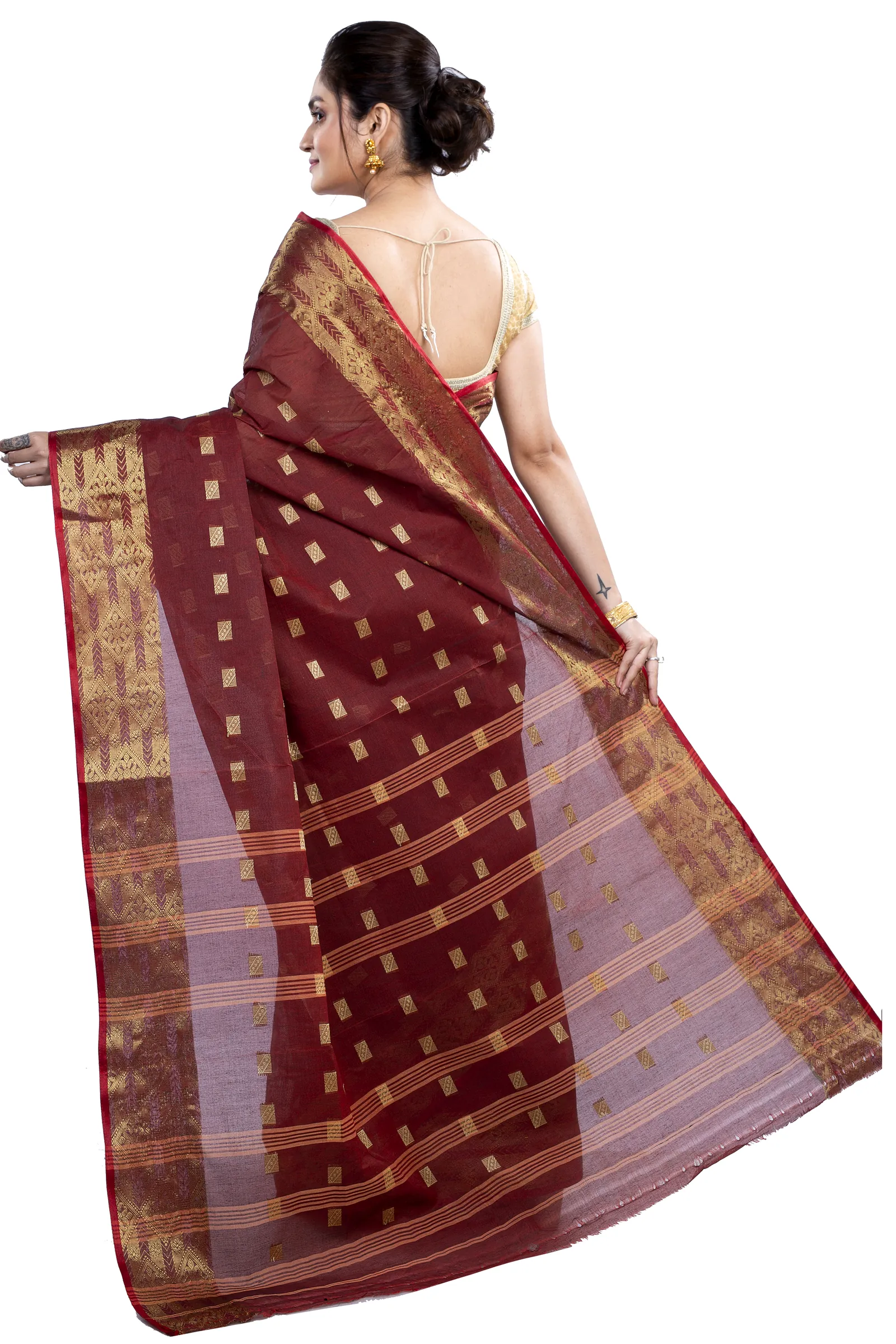 Brown Pure Cotton SqureButi Tant Saree (791)