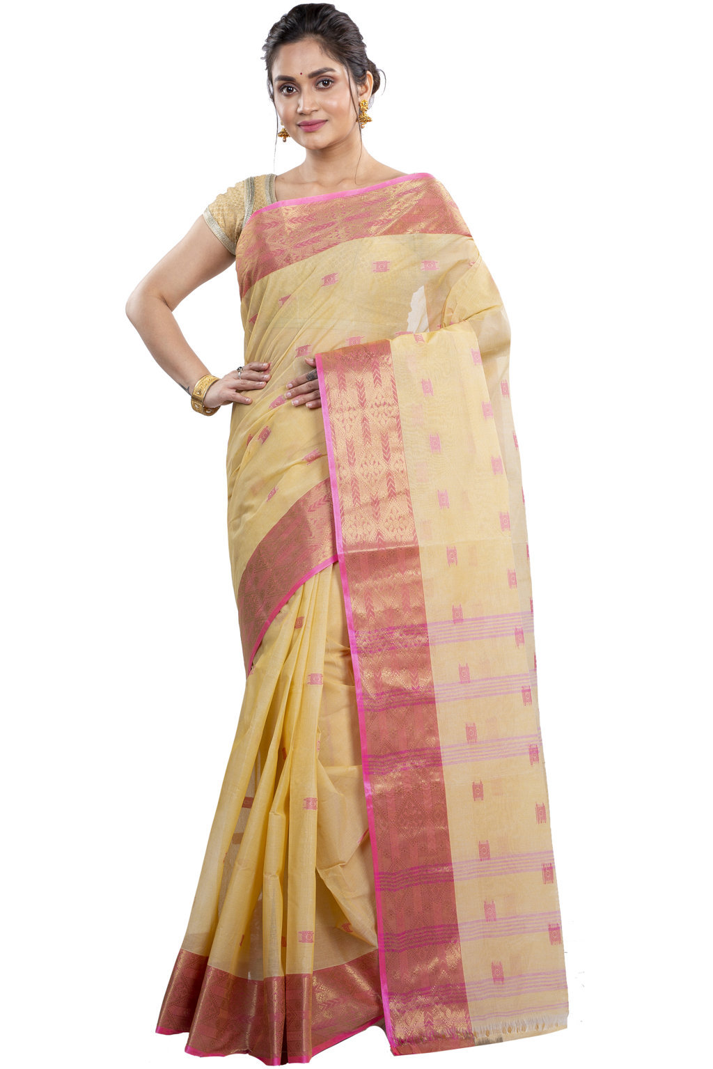 Cream Pure Cotton SqureButi Tant Saree (793)