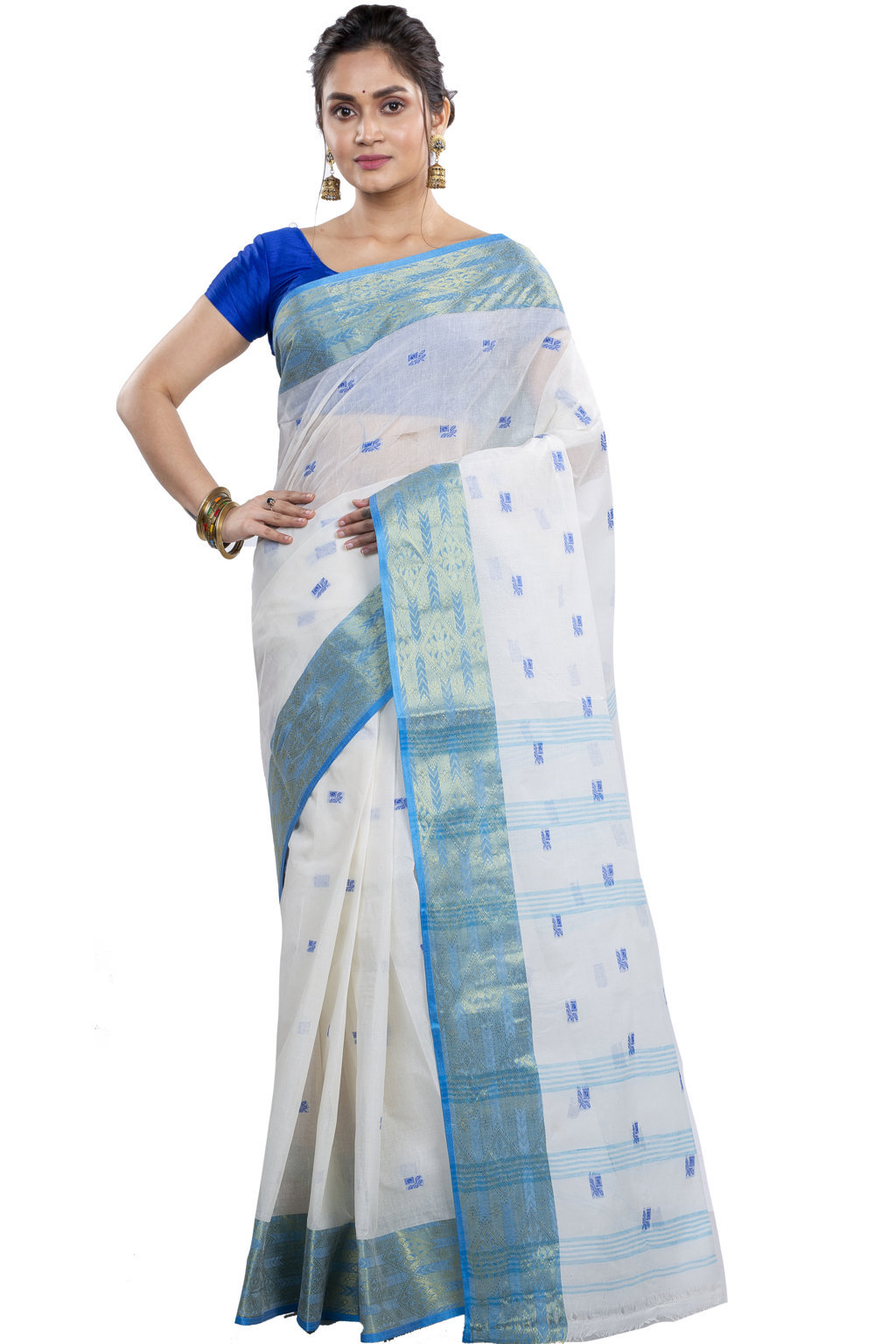 White Sky Pure Cotton SqureButi Tant Saree (795)