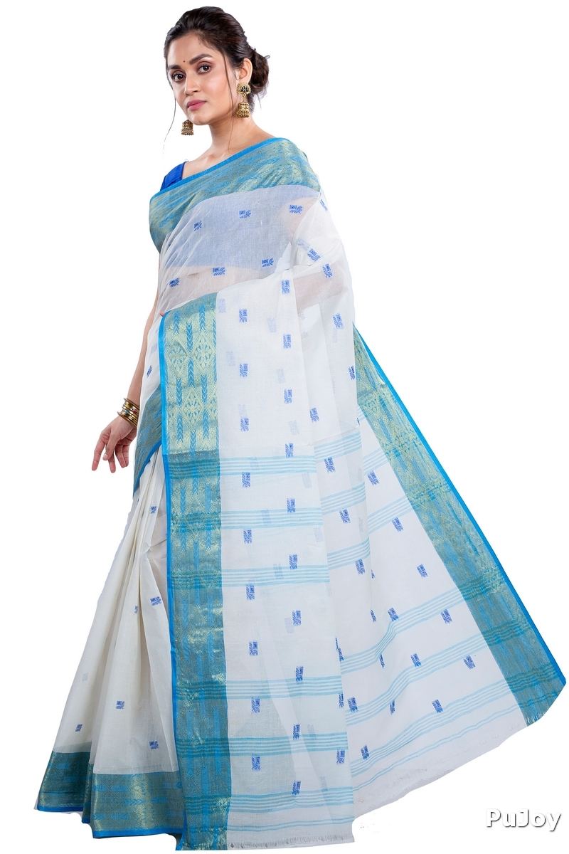 White Sky Pure Cotton SqureButi Tant Saree (795)