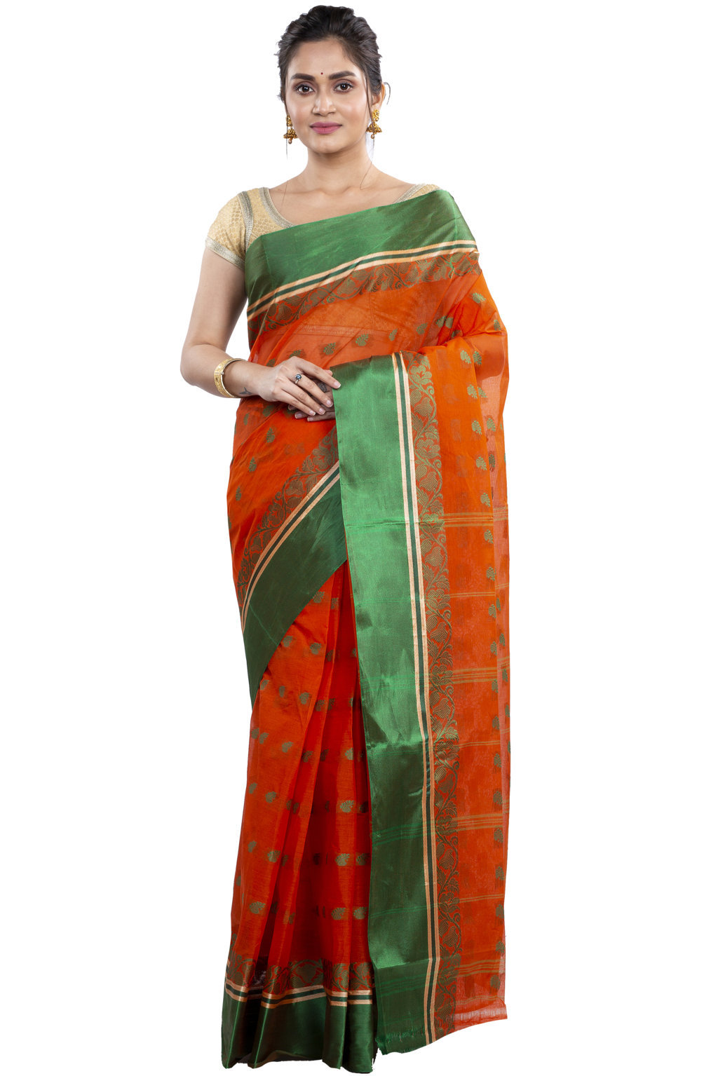 Orange Green Pure Cotton Sukla_Velvet Tant Saree (799)